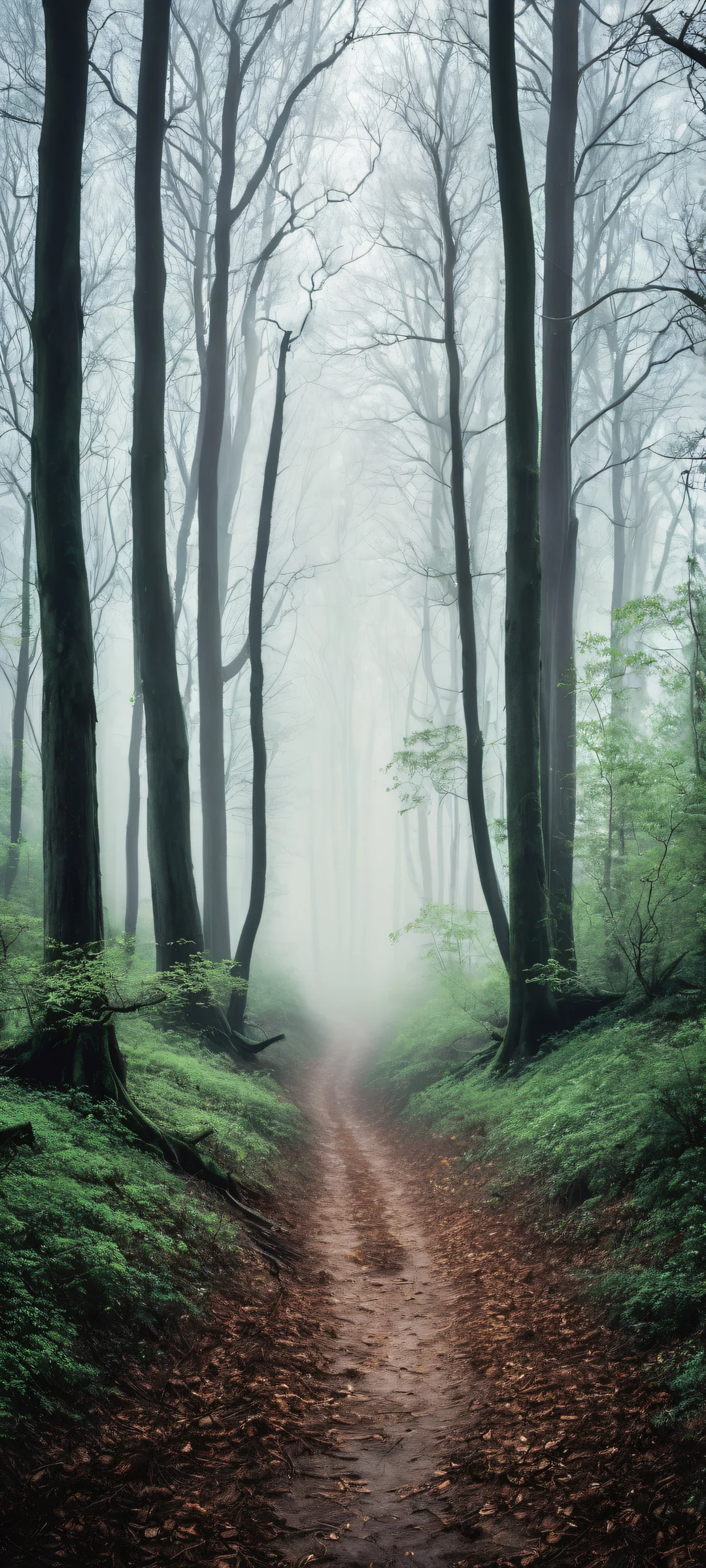A serene and mystical forest scene featuring tall dark trees amidst foggy mist, perfect for your iPhone/Android home screen.