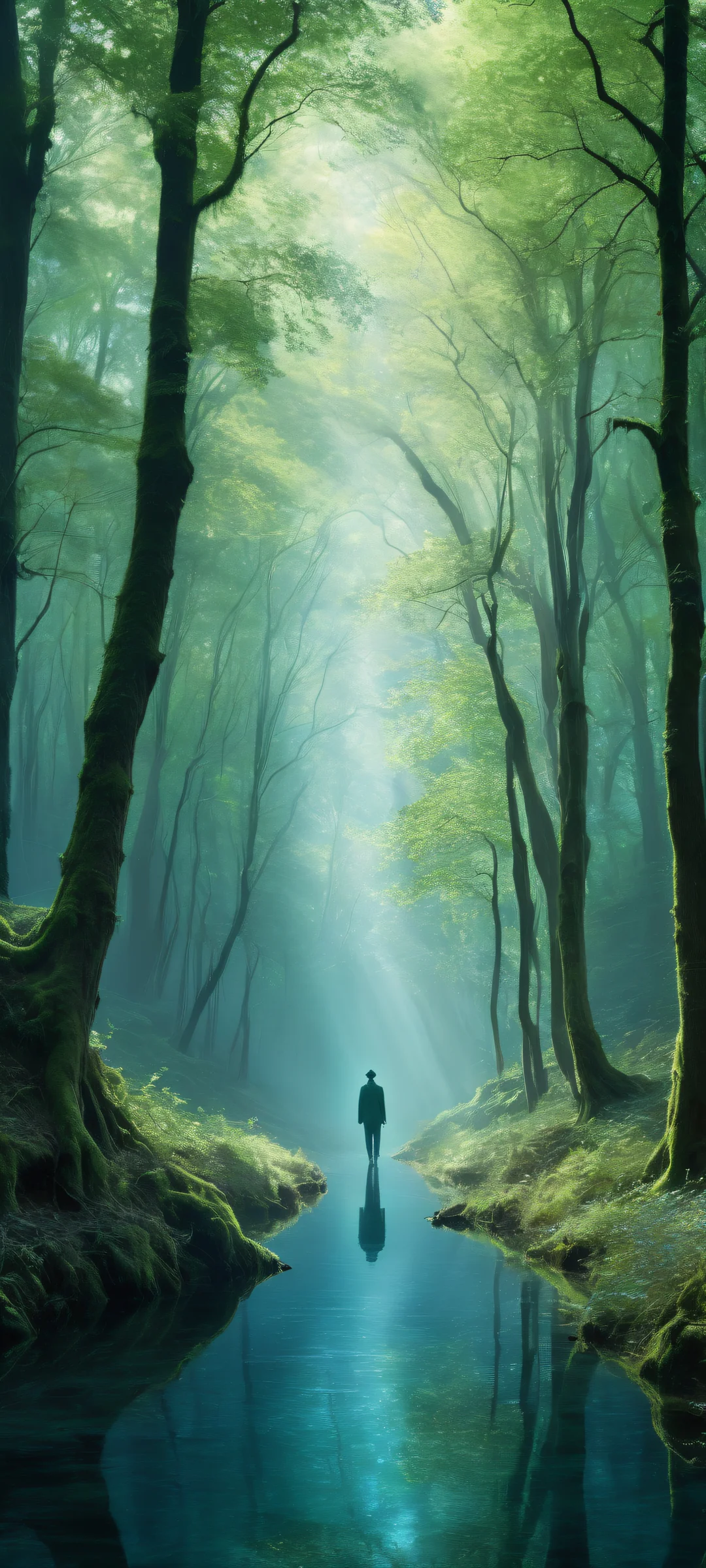 Mystical Solitude 2K Phone Wallpaper Solitary Figure in a mystical forest, perfectly lit for iPhone/Android home screens.