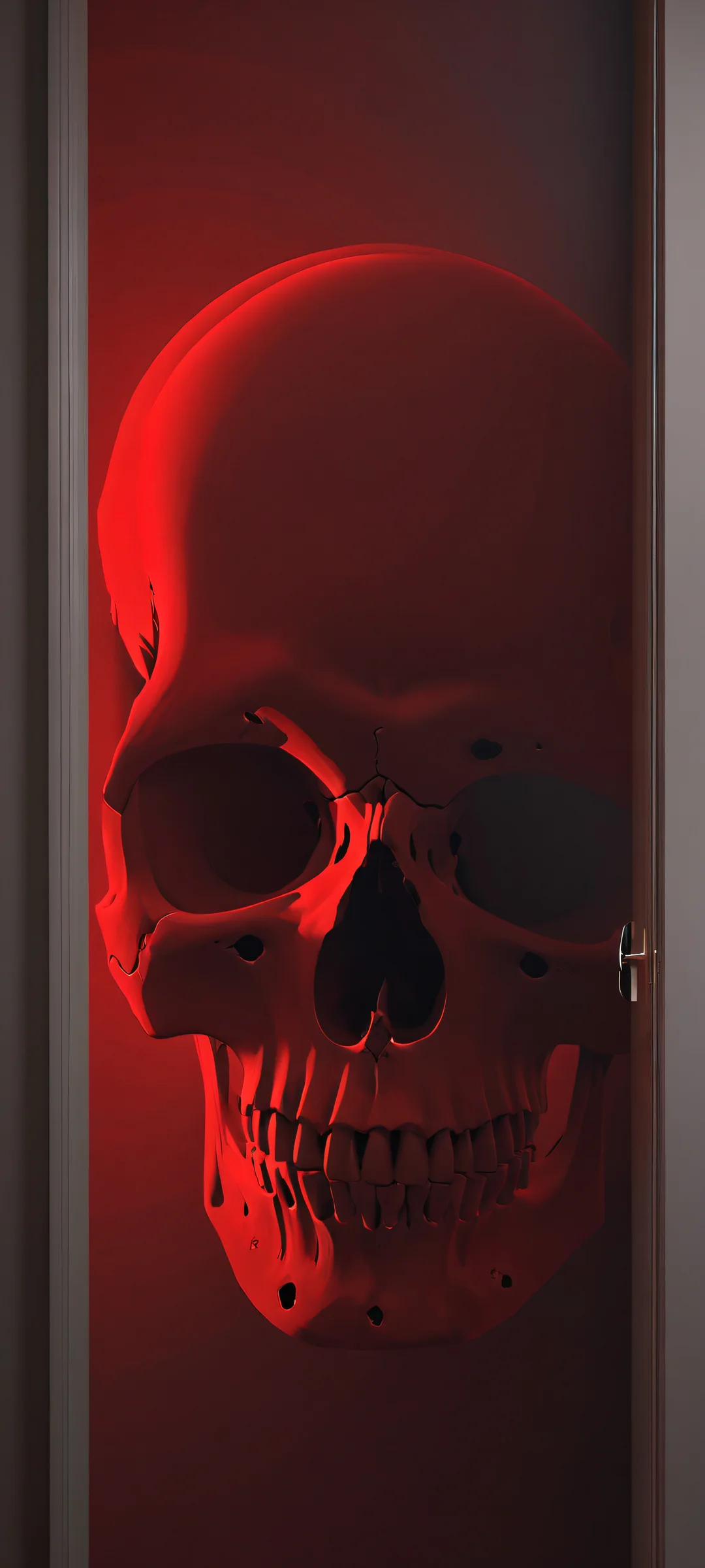 Mythic Skull Hallway 2K Mobile Background A serene and mystical mobile wallpaper featuring a skull in a warm red and dark gray hallway. Perfect for iPhone/Android.