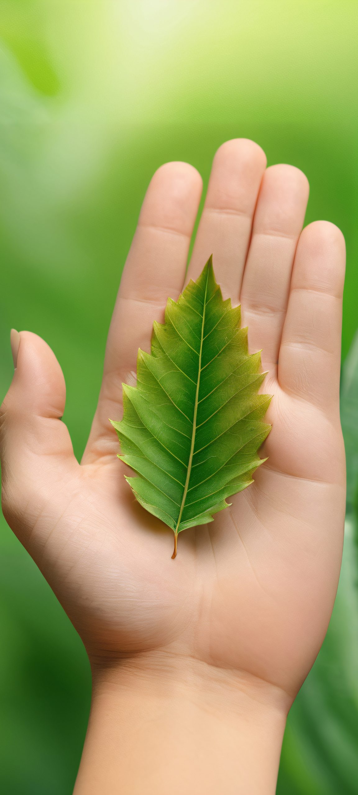 A serene iPhone and Android wallpaper featuring a hand holding a realistic leaf, perfect for your mobile home screen