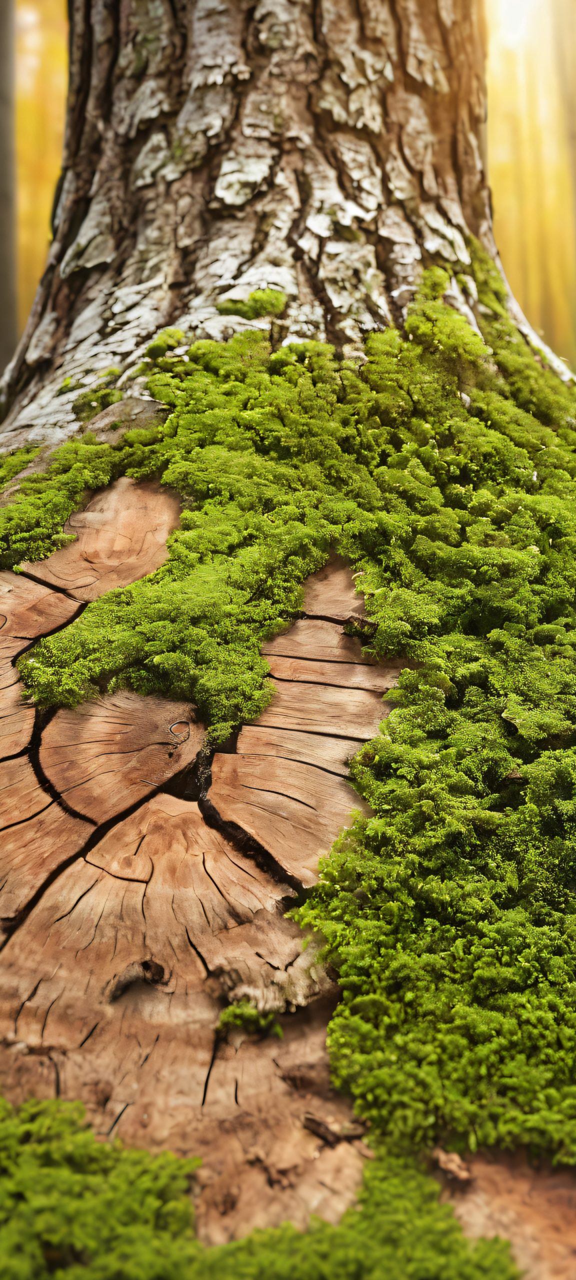 A stunning vertical wallpaper featuring a tree trunk and forest floor, perfectly optimized for iPhone, Samsung Galaxy, and Android home screens.