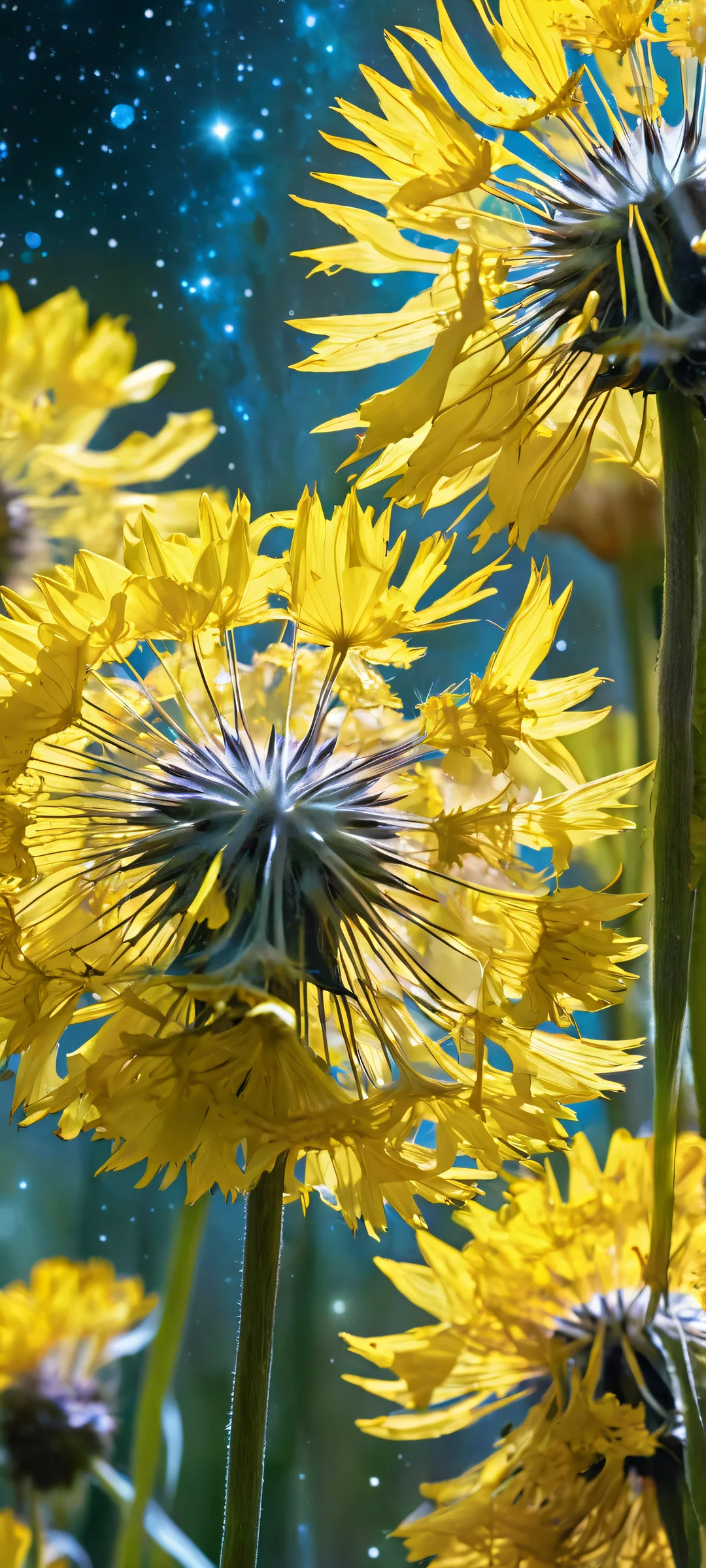 Breathtaking vertical portrait of dandelions amidst a cosmic landscape on an iPhone or Android device.
