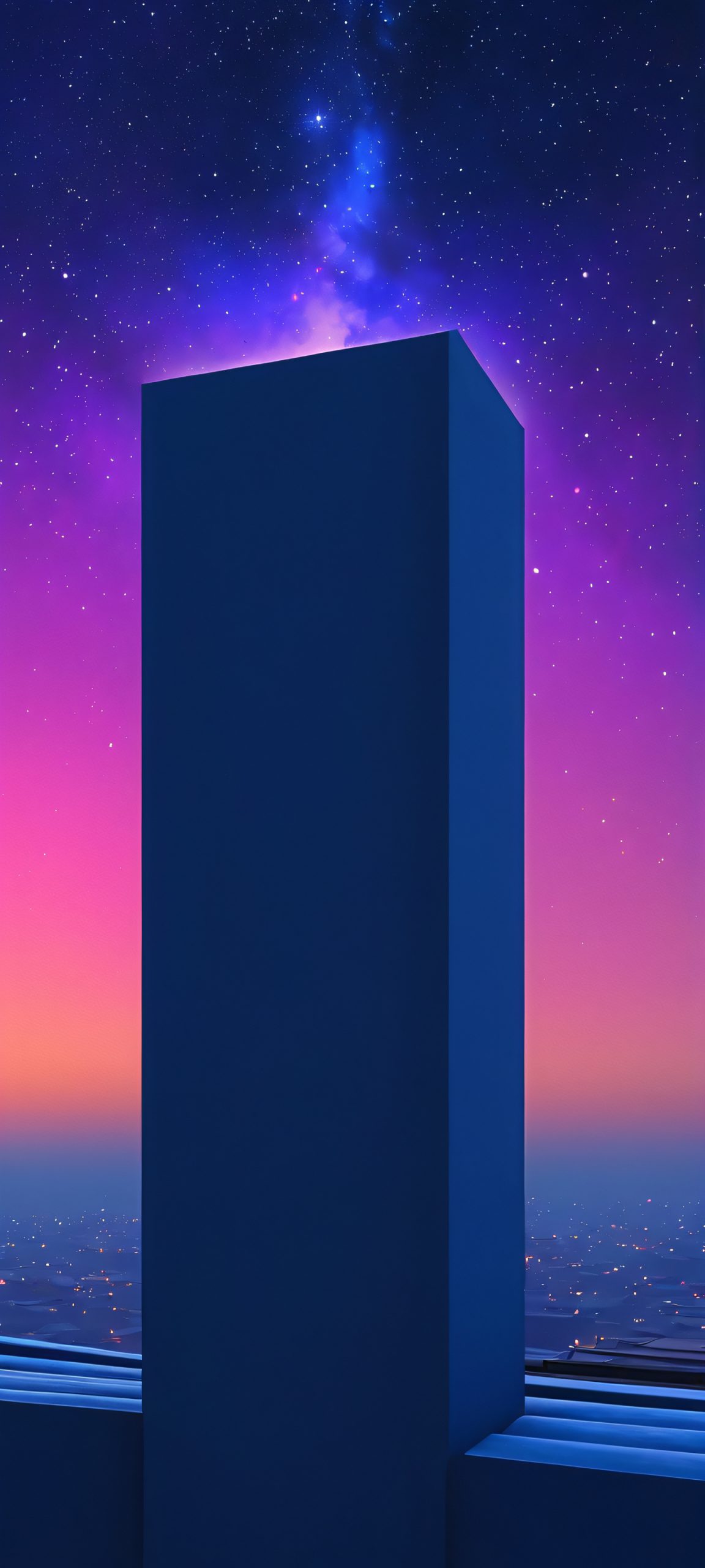 Breathtaking nebula rooftop wallpaper for iPhone and Android, perfect for dark mode screens.