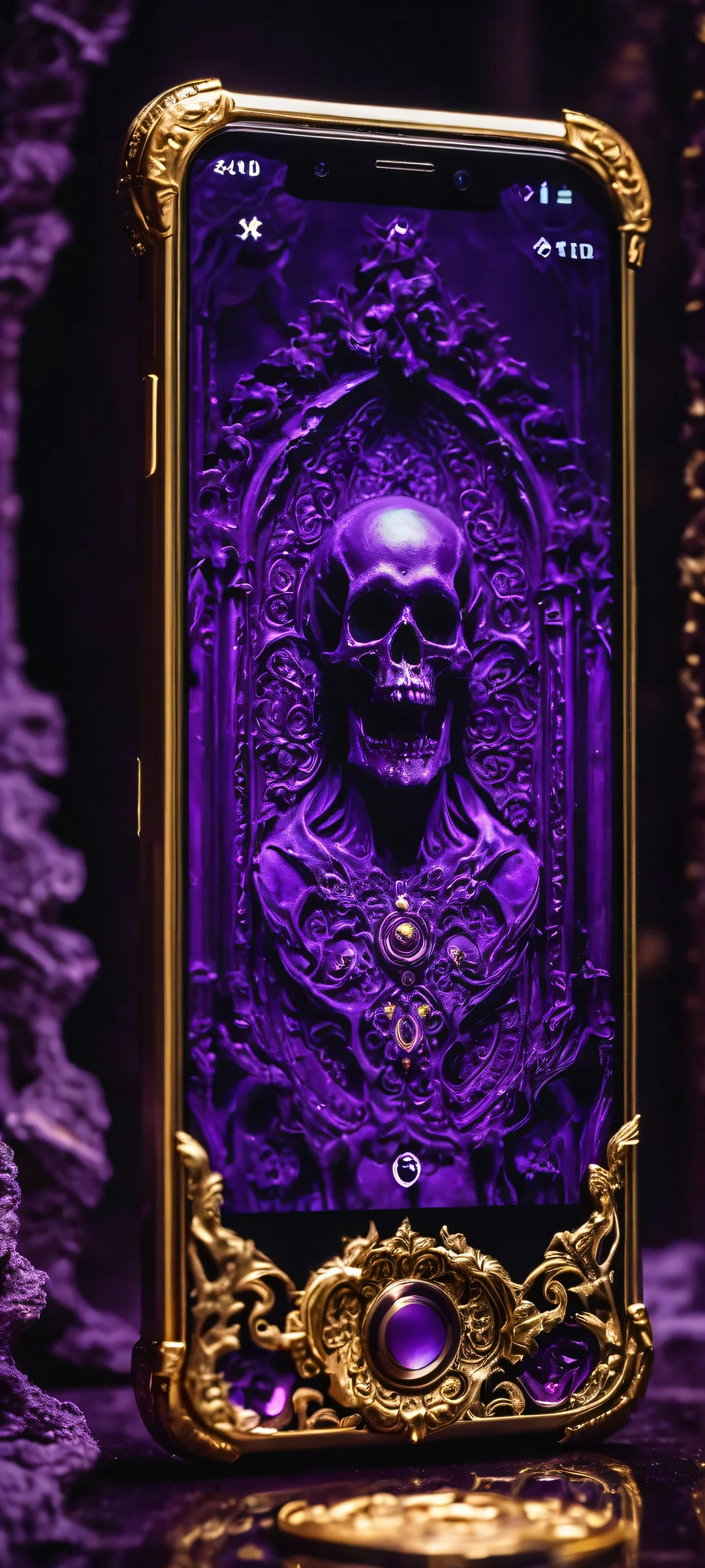 iPhone/Android wallpaper featuring a haunting Necromancer scene with purples and golds. Perfect for dark-themed home screens.