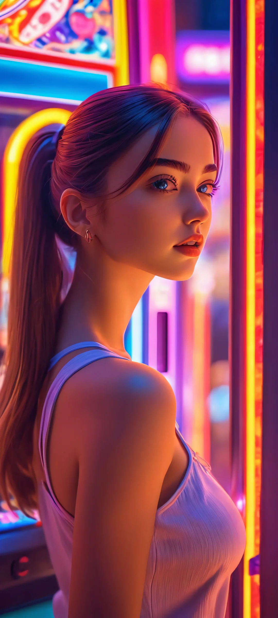 Neon Arcade Goddess iPhone & Samsung QHD Wallpaper Glowing neon lights illuminate an arcade scene with a stunning girl in the center. Perfect for iPhone and Android home screens.