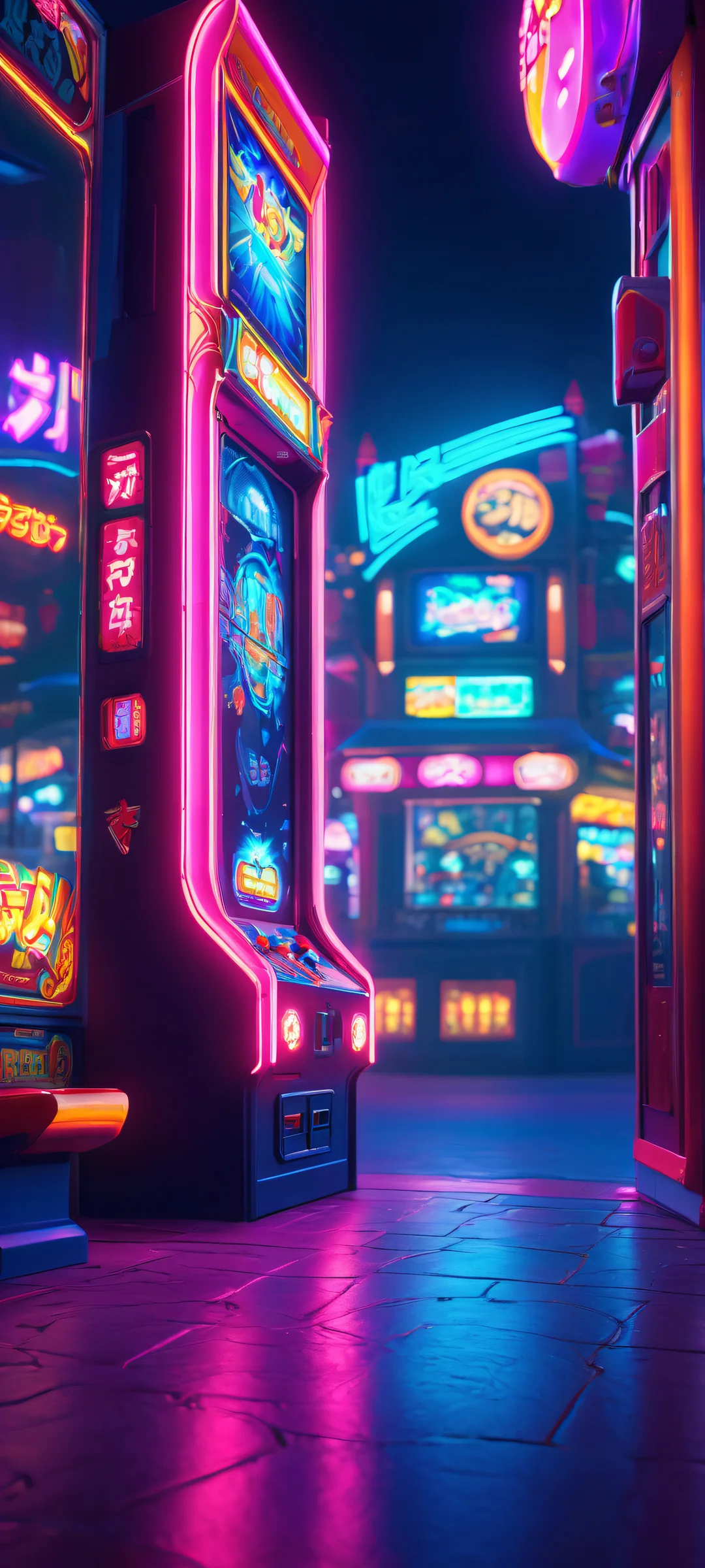 Neon Arcade Night 2K QHD Mobile Wallpaper A stunning neon-lit arcade exterior at night, perfectly suited for iPhone/Android home screens.