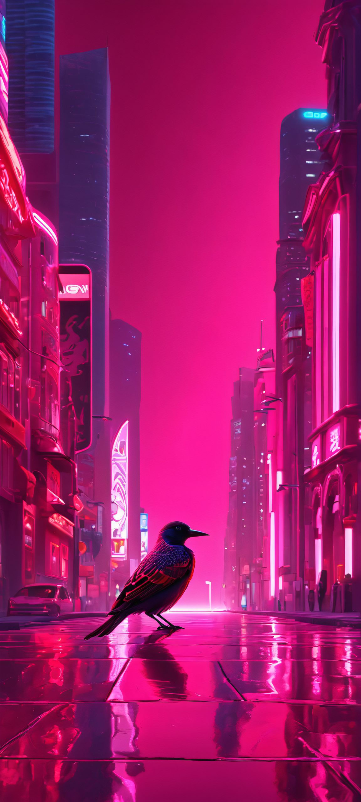 A vibrant bird's eye view of a cityscape at dusk, lit up by neon lights on iPhone/Android