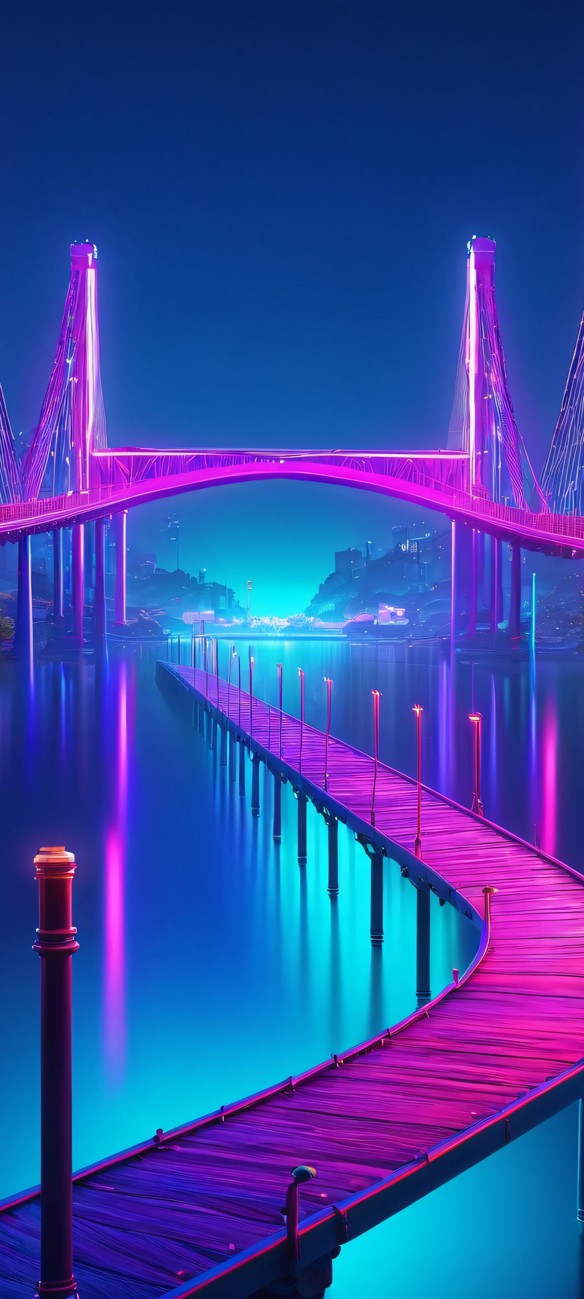 Stunning neon-lit bridge at night, with vibrant colors and iPhone/Android friendly