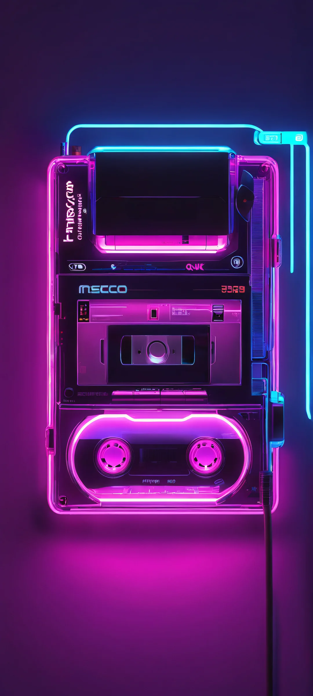 Neon Cassette Masterpiece Aesthetic Phone Wallpaper Iphone and Android users will love this neon glowing cassette player wallpaper with a dimly illuminated background. Perfect for home screens.