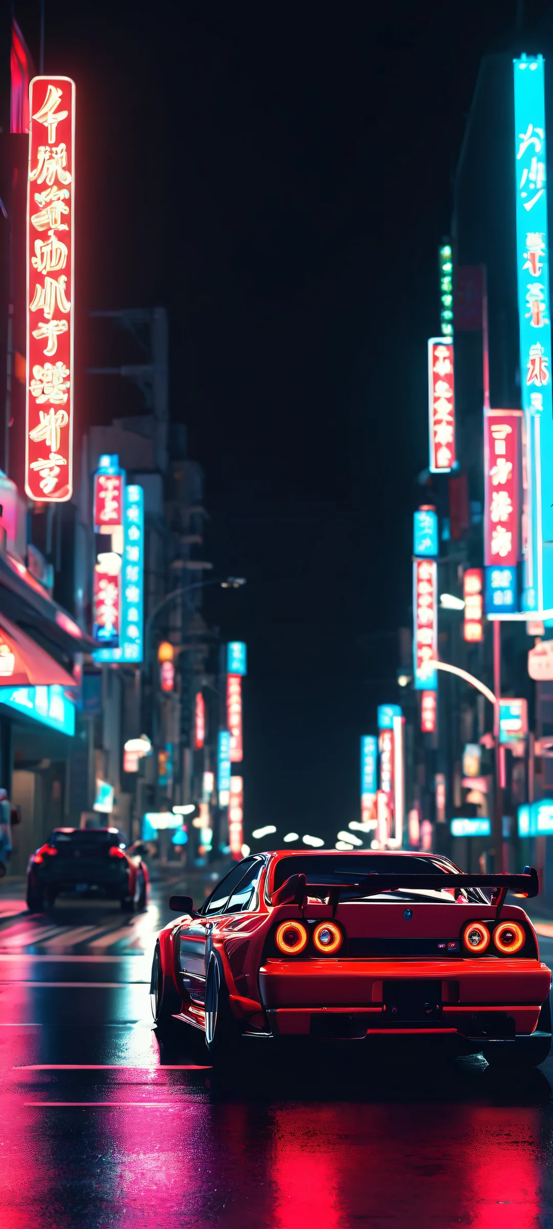 A stunning JDM car parked on a neon-lit city street at night, parfaitement optimisé pour les écrans d'accueil iPhone et Android.