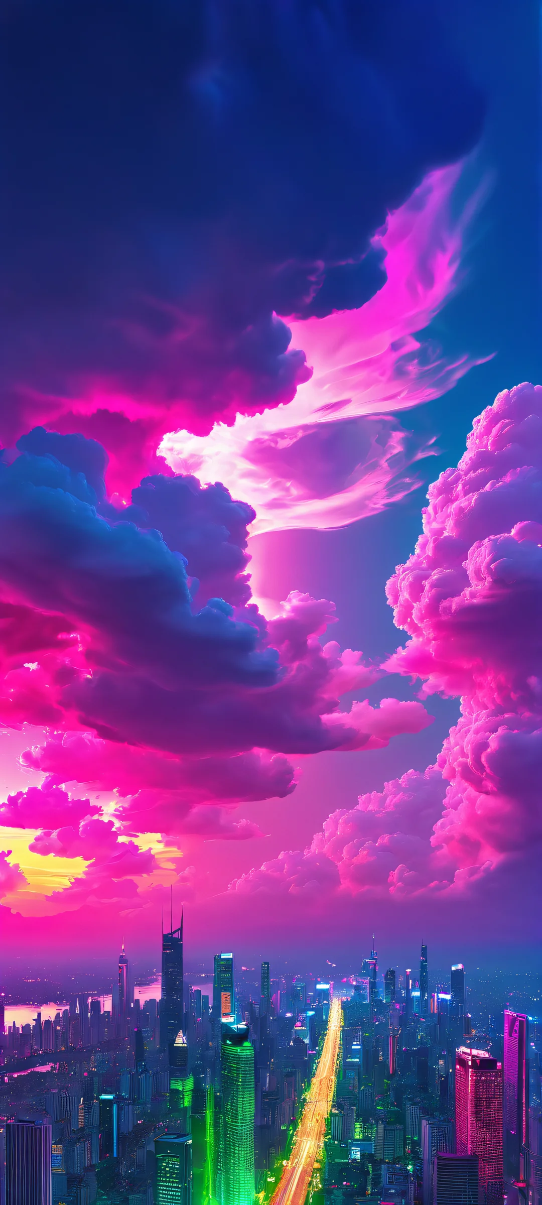 A stunning vertical mobile phone wallpaper featuring neon-lit cityscapes amidst clouds at night. Perfectly suited for iPhone, Android and other devices.