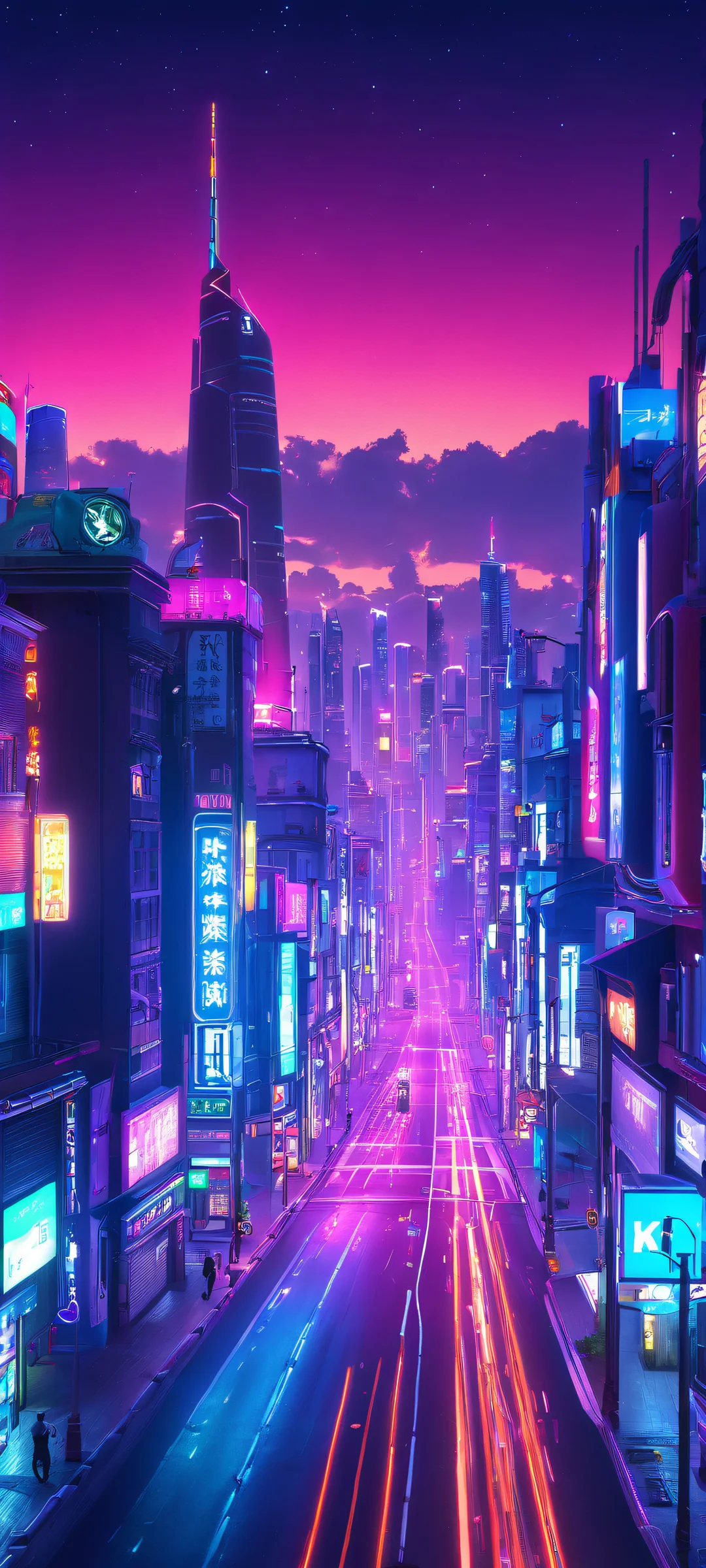 A futuristic cityscape at night with vibrant neon lights, perfectly optimized for iPhone and Android home screens.