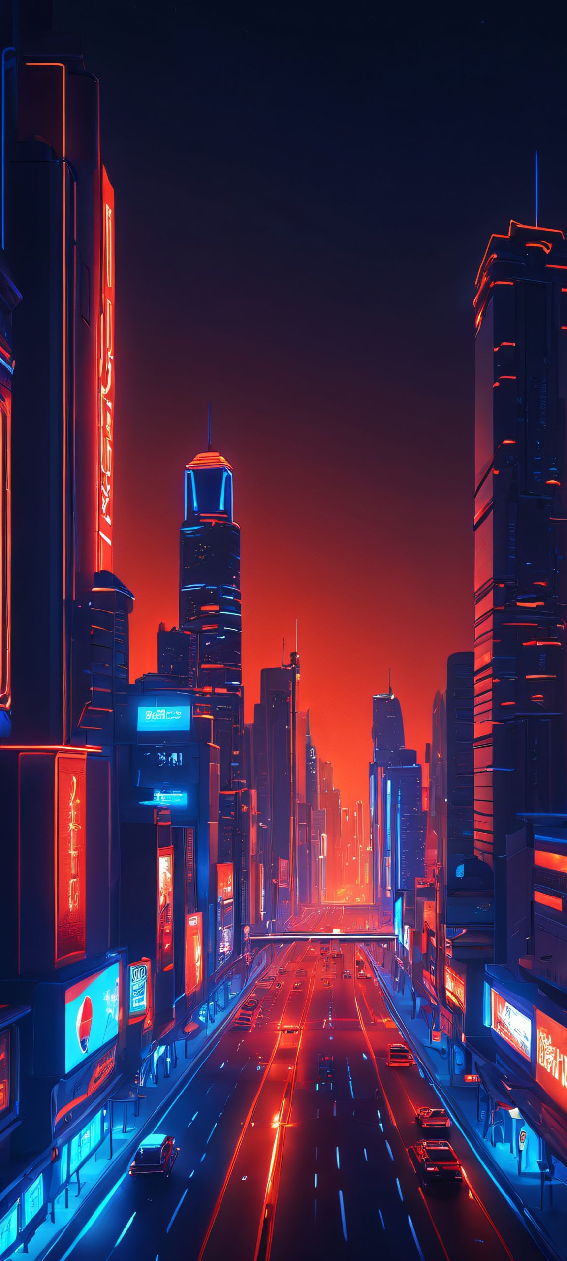 Beautiful nighttime cityscape with vibrant blue and red neon lights, perfectly optimized for iPhone and Android home screens