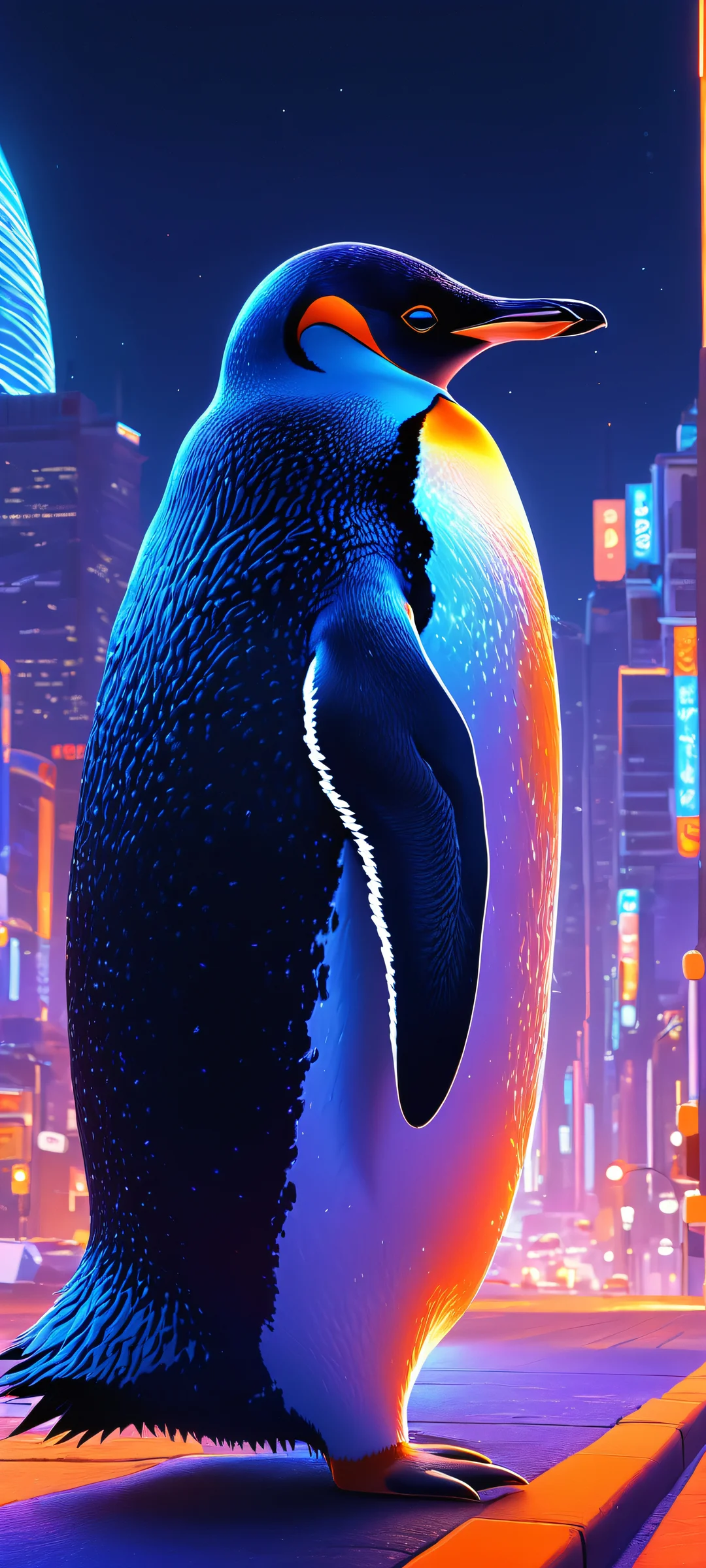 A vibrant penguin adventure in a futuristic cityscape, perfect for iPhone/Android home screens.