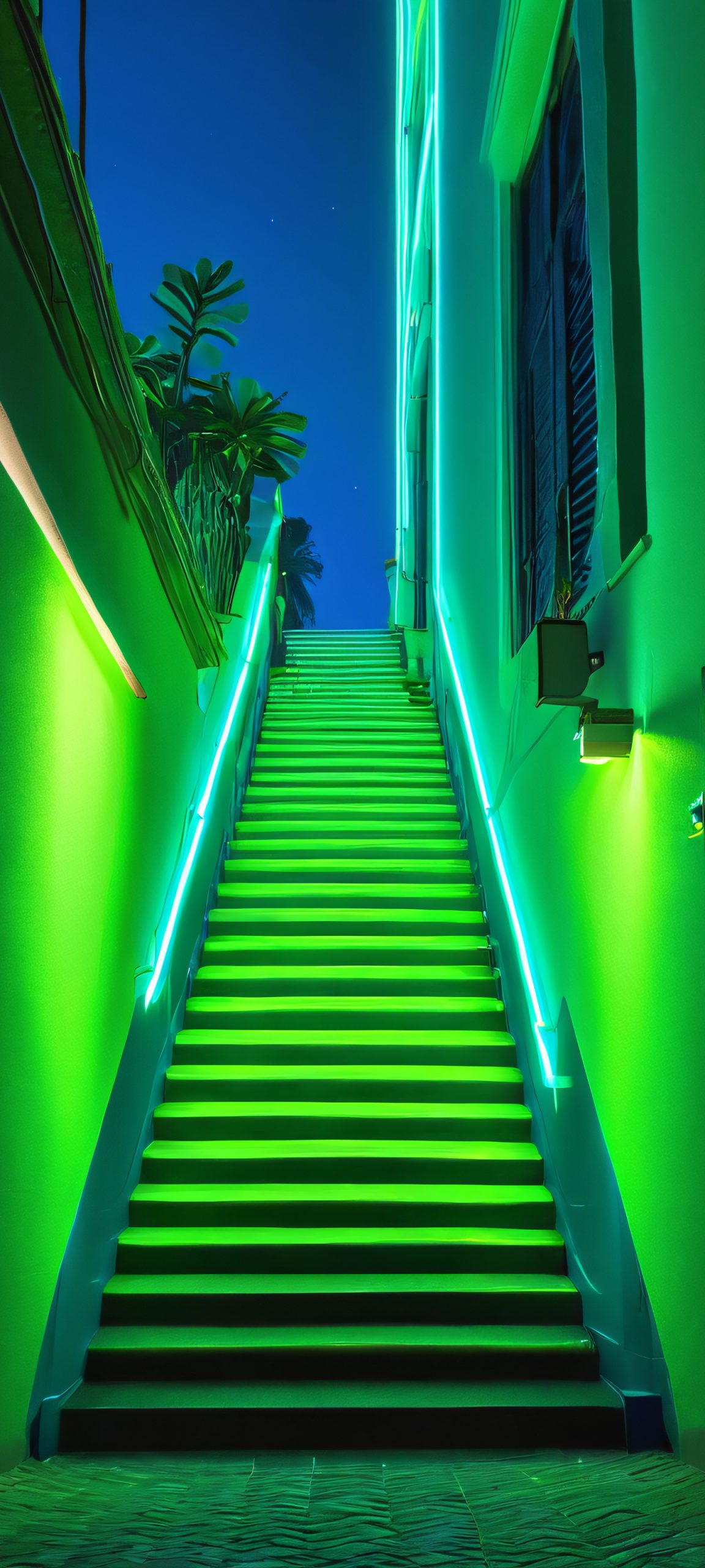 iPhone and Android user's stunning staircase wallpaper featuring neon lights and cityscapes