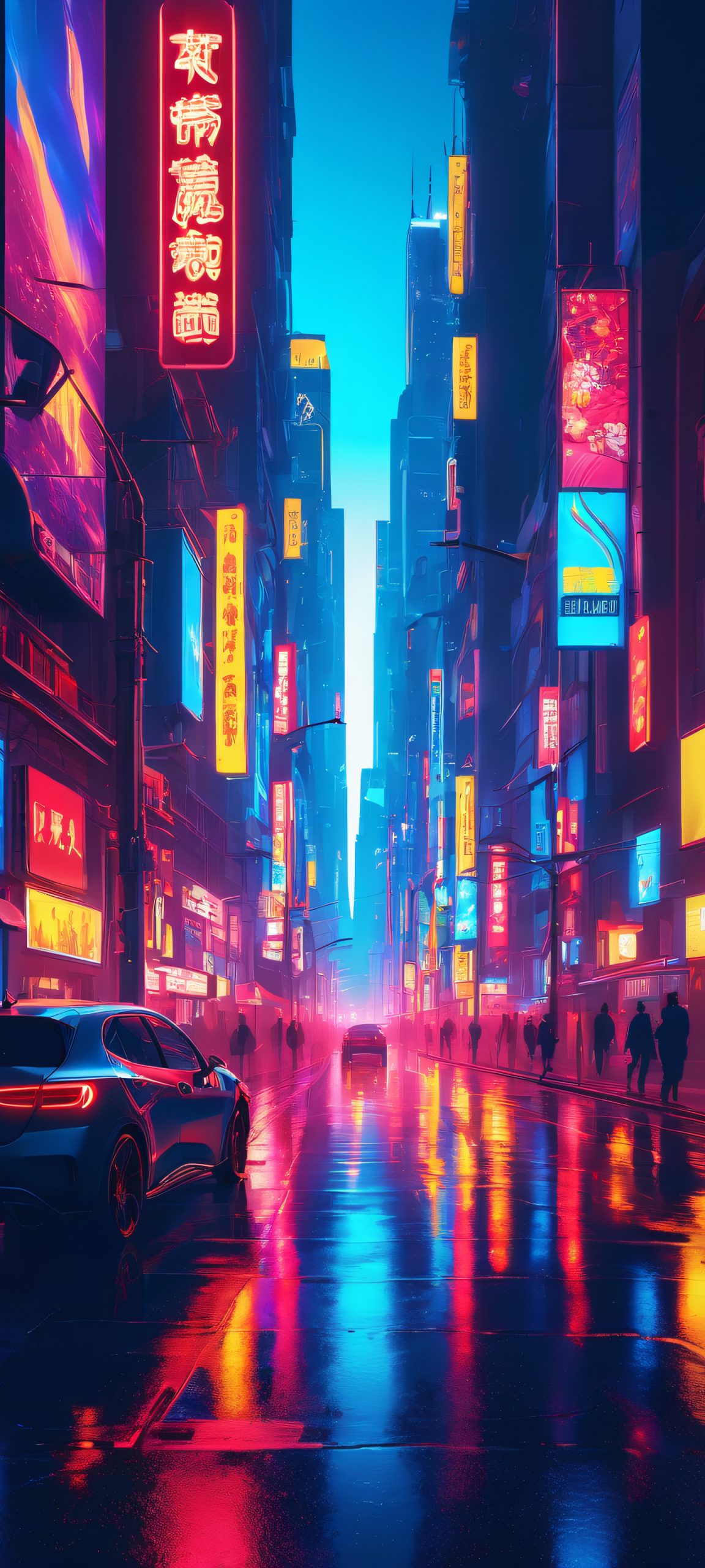 Breathtaking cityscape at night with neon lights and electric colors, perfect for iPhone or Android home screen