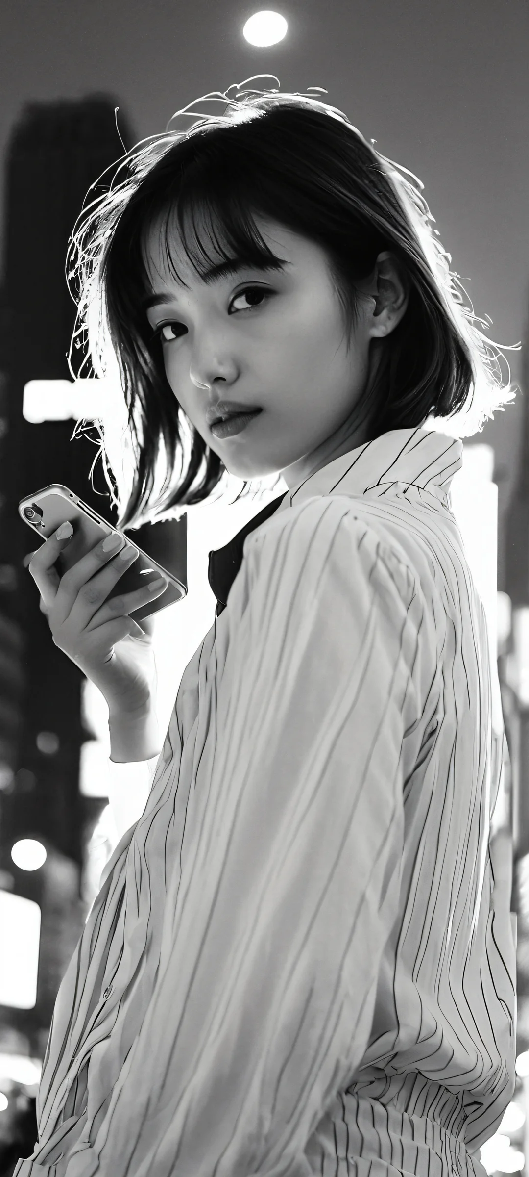 Vertical mobile phone wallpaper of a girl standing in front of a neon-lit cityscape at night, perfect for iPhone and Android devices.