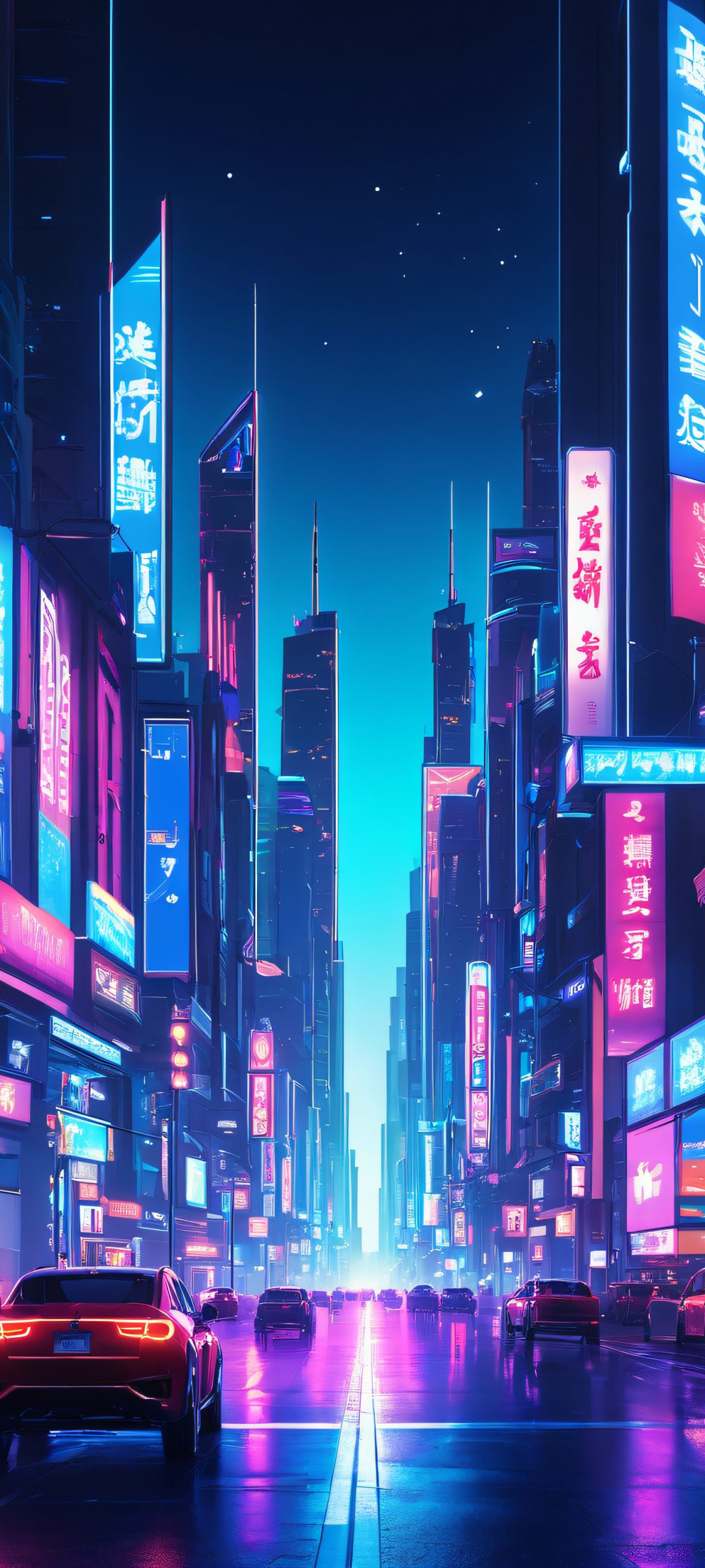 Breathtaking cityscape at night with neon lights, perfectly optimized for iPhone and Android devices