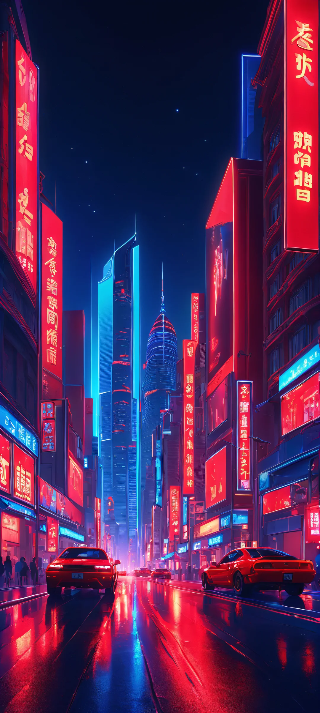 A stunning night cityscape with vibrant red and deep blue neon lights on a iPhone or Android home screen