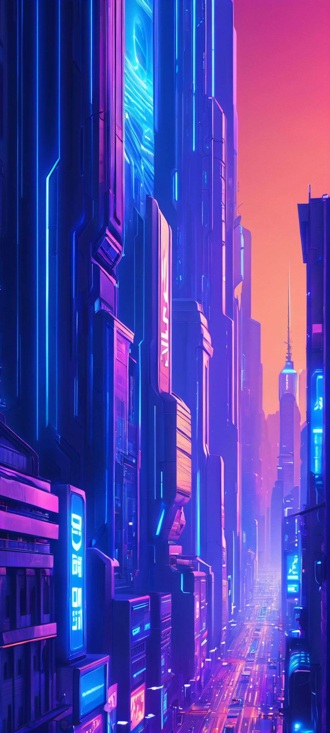 Neon Cityscape 2K QHD Home Screen A stunning vertical cityscape at night with neon lights and electric blue hues, perfect for iPhone or Android home screen.