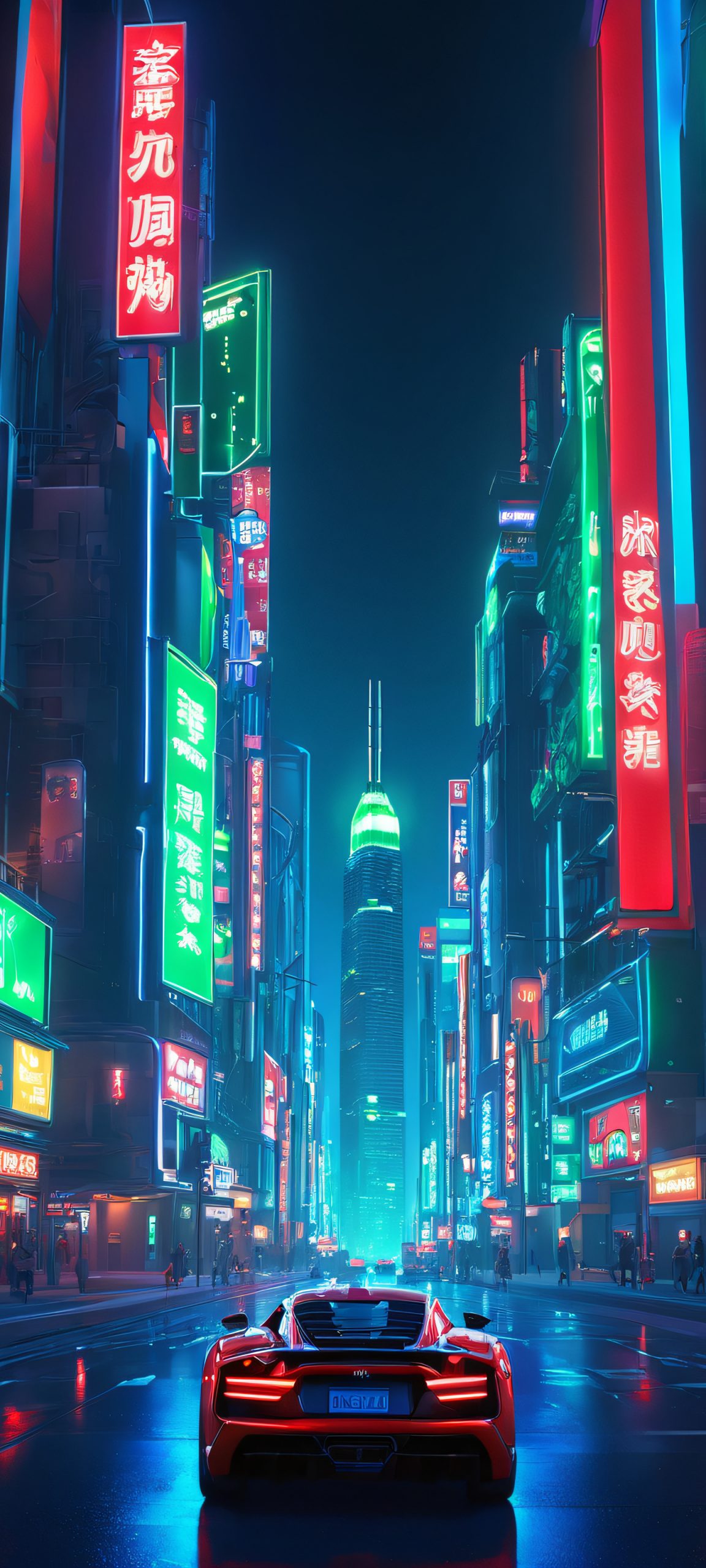 A stunning nighttime cityscape with vibrant neon lights, perfect for iPhone or Android home screens.