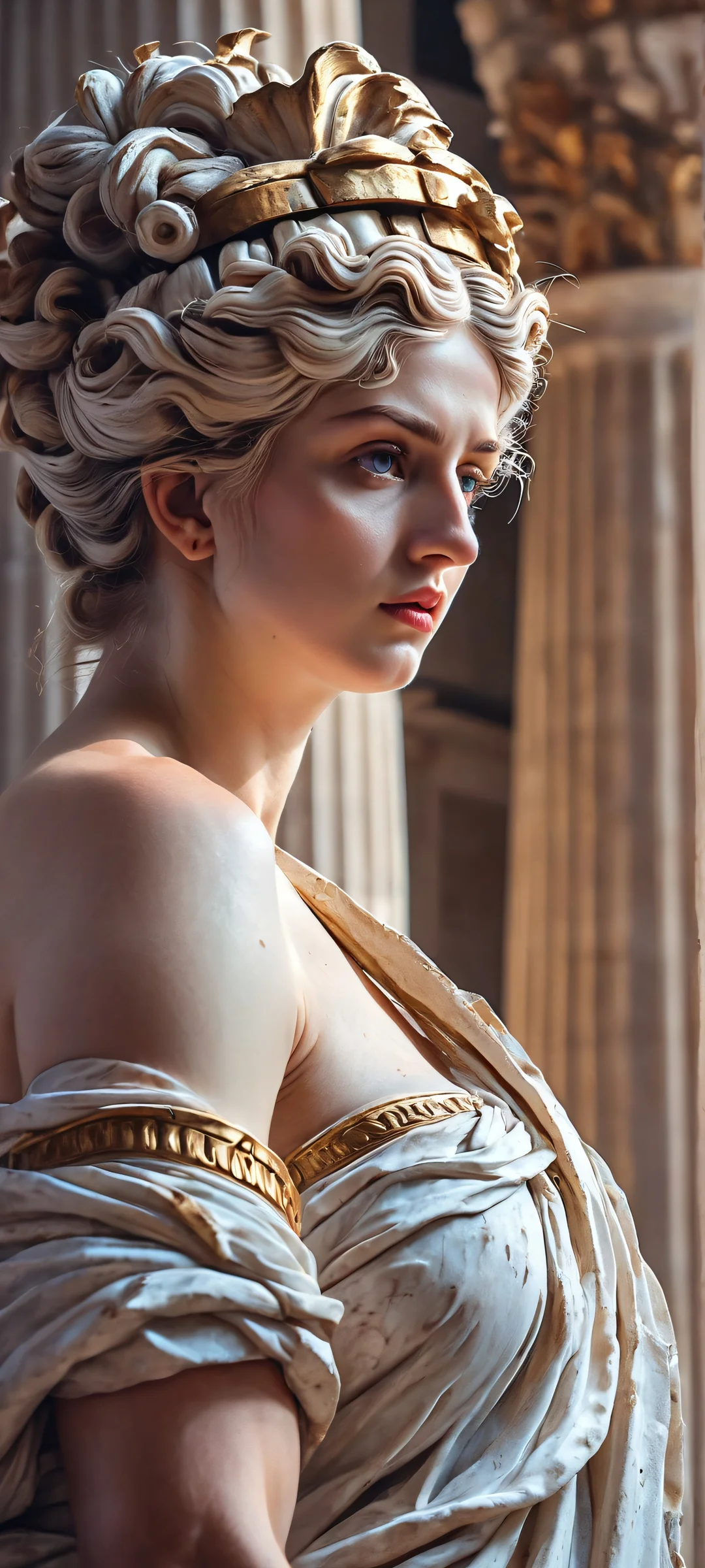 Close up of a Greek column with neon laser lights and messy hair. Perfect for iPhone/Android home screens.