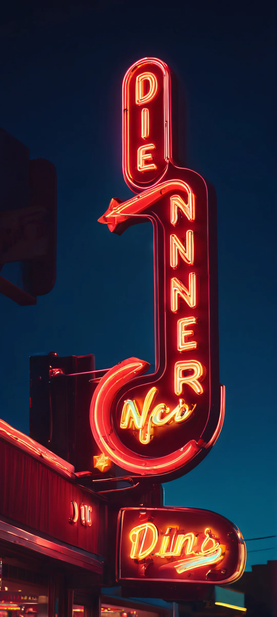 A vintage diner sign glowing with neon lights at night, perfect for iPhone/Android home screens.