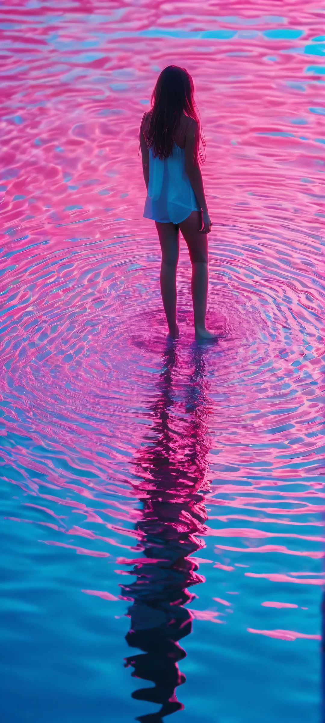 A stunning vapor wallpaper of a girl surrounded by neon water ripples on an iPhone or Android device.
