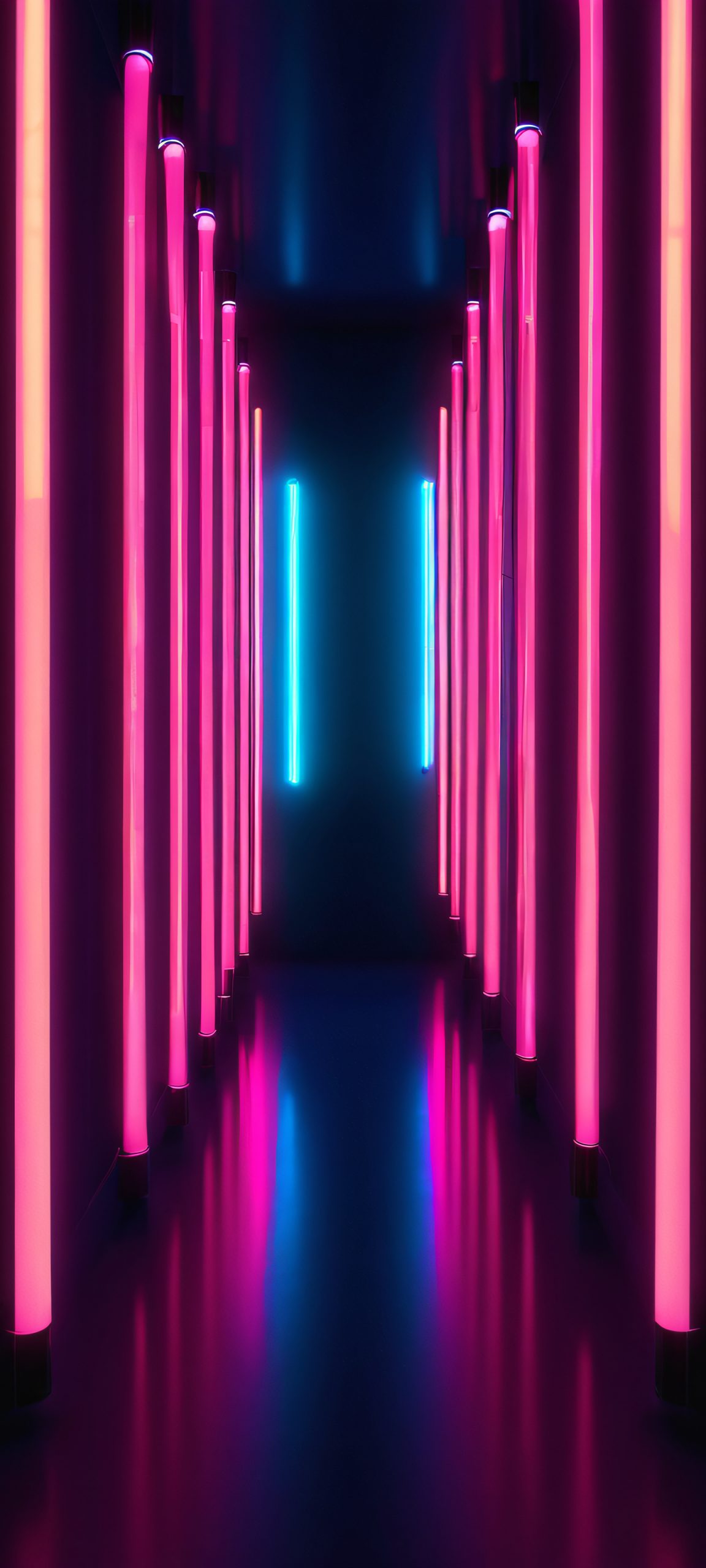 Abstract neon lamps illuminate a dark corridor, perfect for iPhone/Android home screens.