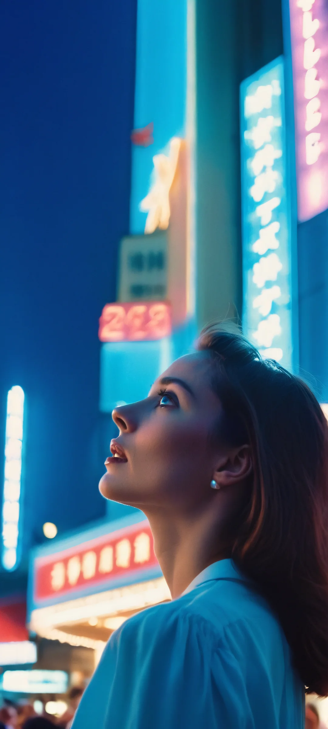Woman looking up at a cinema marquee at night, bathed in soft neon glow with electric blue hues. Perfect for iPhone and Android home screens.