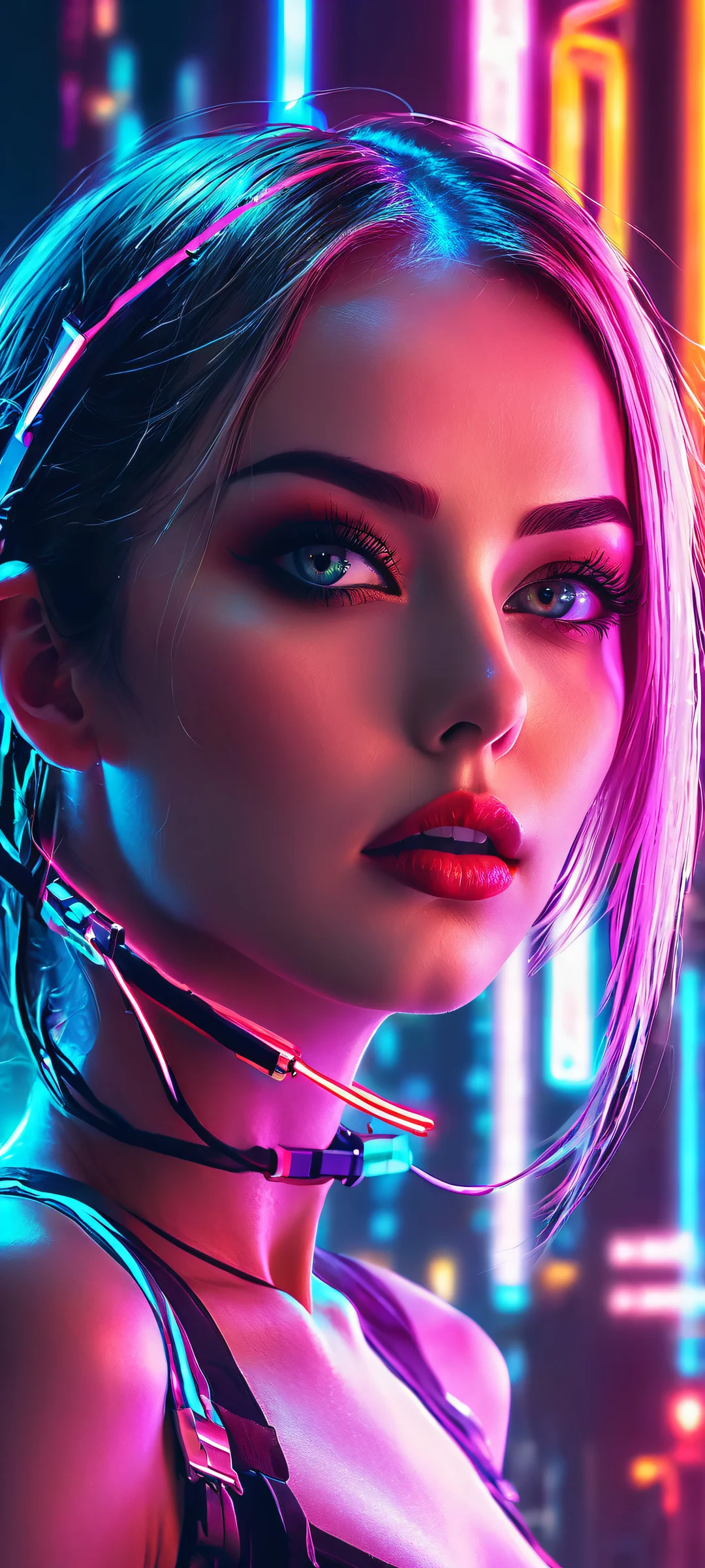 Android Girl standing amidst a futuristic cityscape with neon wires and high-contrast glow, optimized for iPhone/Android.