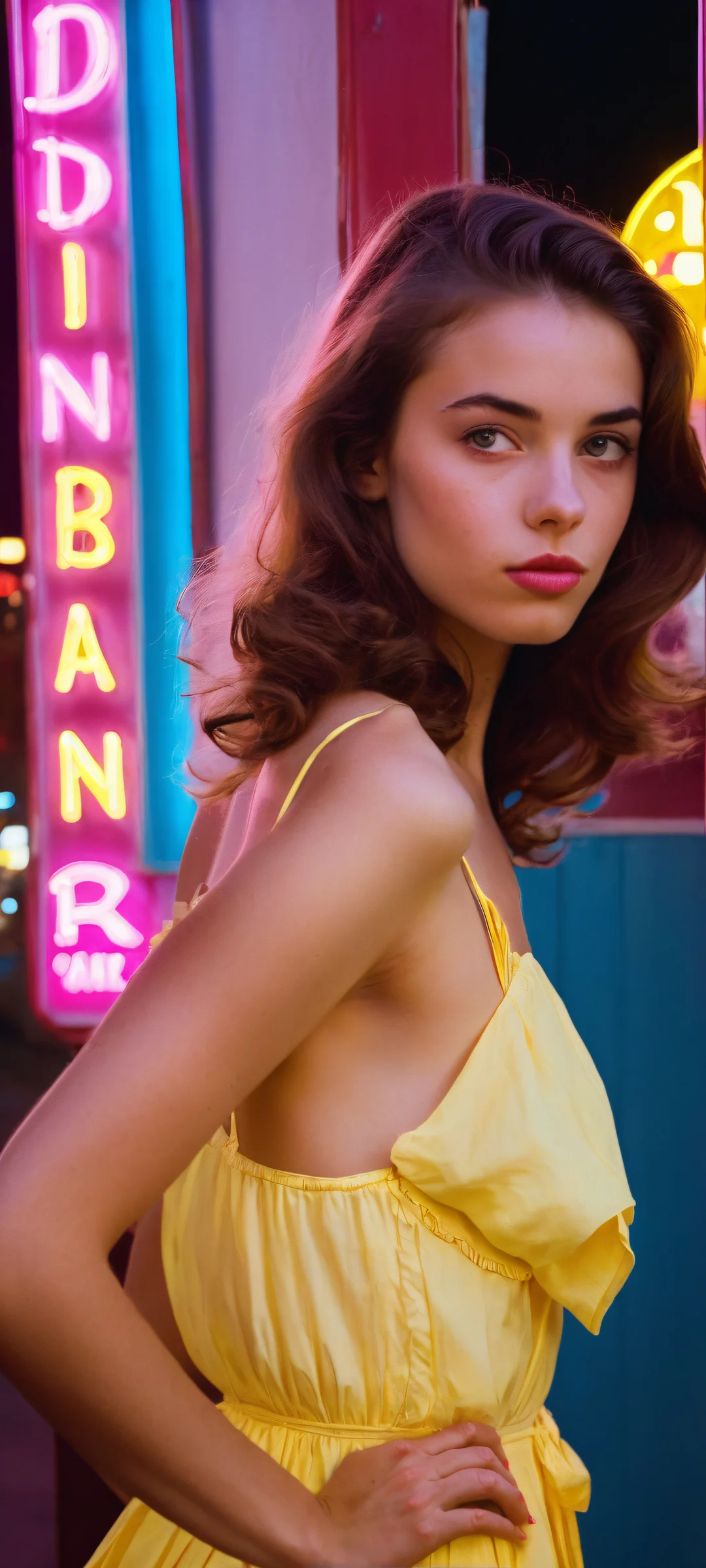 A beautiful girl standing in front of a neon diner sign at night, perfectly optimized for iPhone and Android home screens.