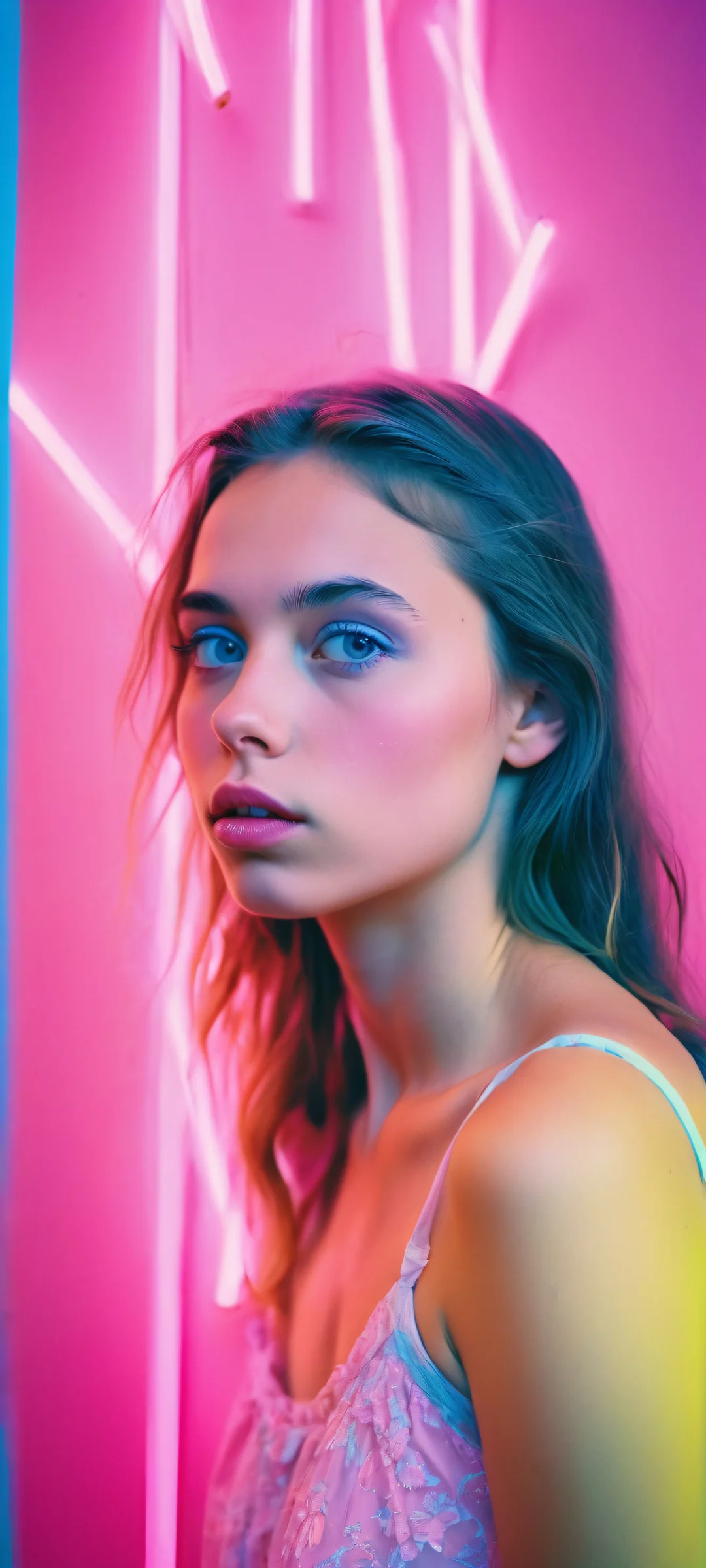 Neon Dreamscape QHD Smartphone Background A vibrant digital artwork of girls amidst a neon dreamscape - perfect for iPhone and Android home screens.