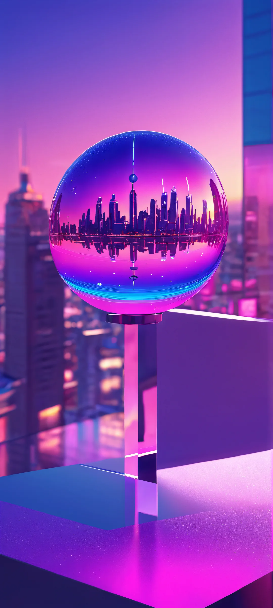 A stunning glass sphere containing a stylized cityscape with neon reflections on an iPhone/Android device.