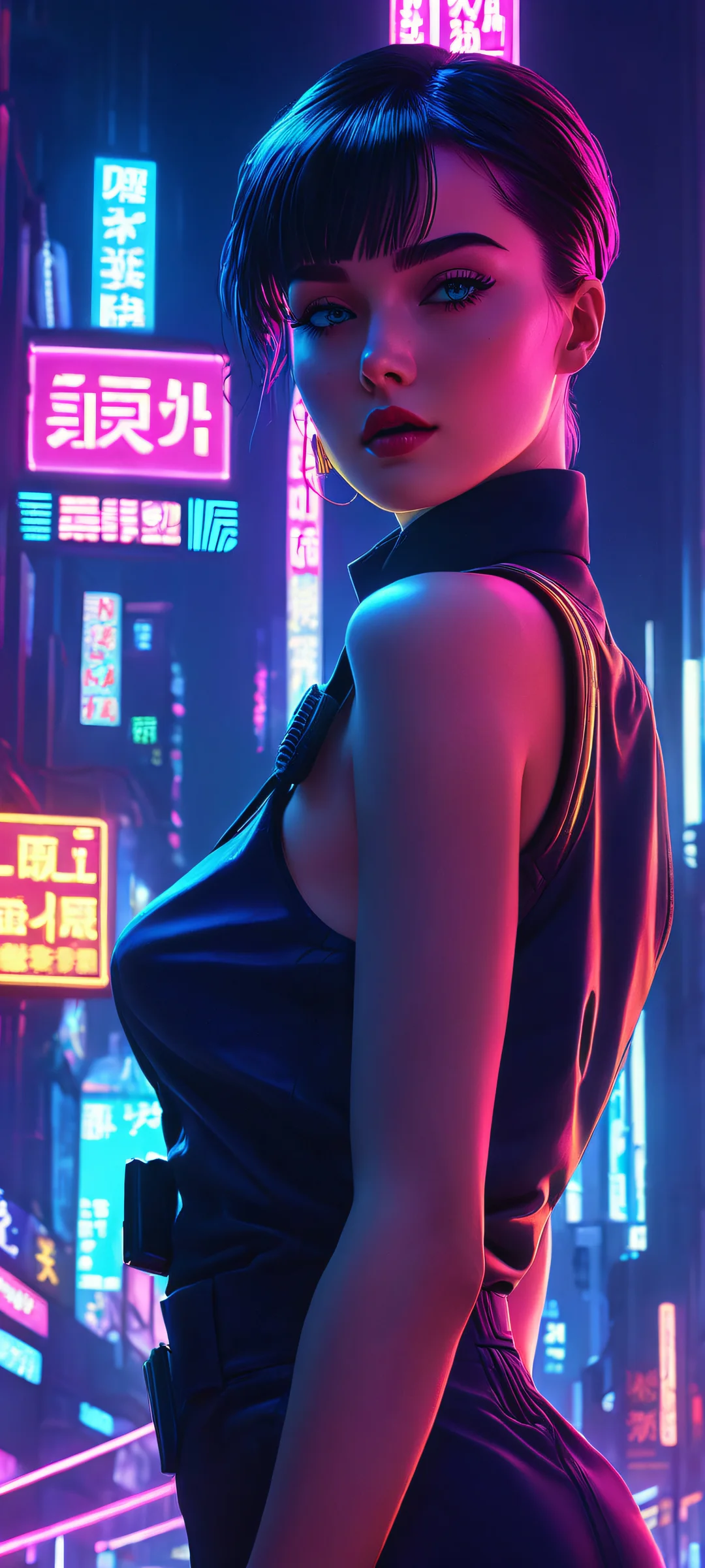 Elle from Bladerunner 2049 in a stunning neon-lit cityscape on iPhone/Android.