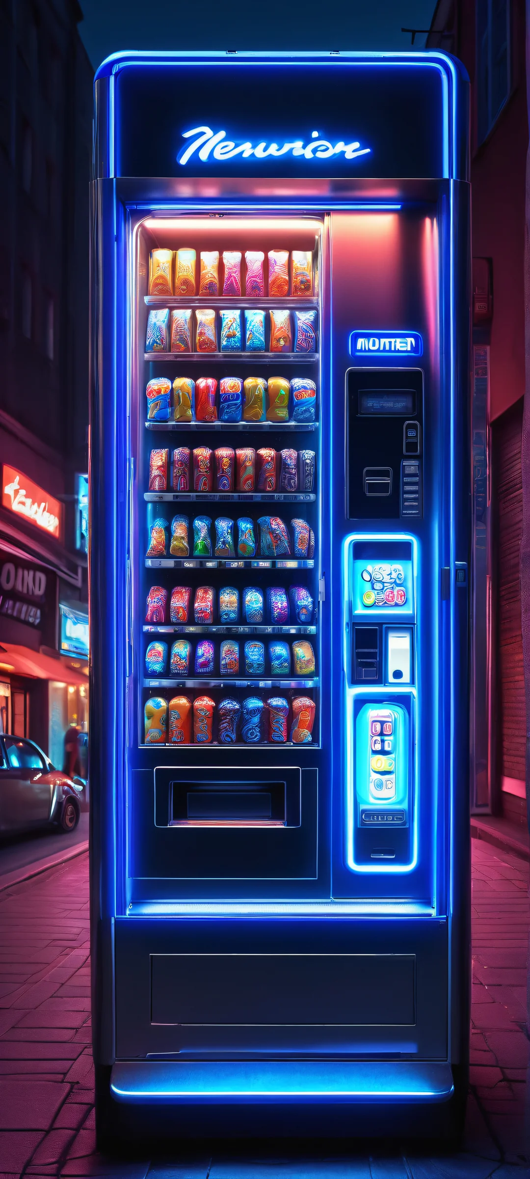 A surreal and captivating vending machine scene on a dark street, glowing neon lights illuminating the night with iPhone/Android in perfect harmony.