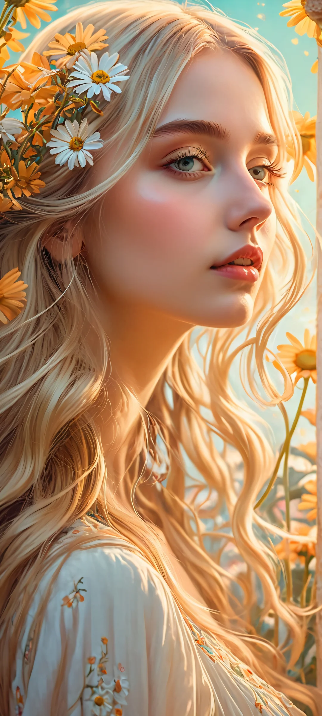 Neon Dreamscape QHD Smartphone Background Girl with long hair surrounded by neon daisies in a soft golden light, perfectly optimized for iPhone and Android home screens.