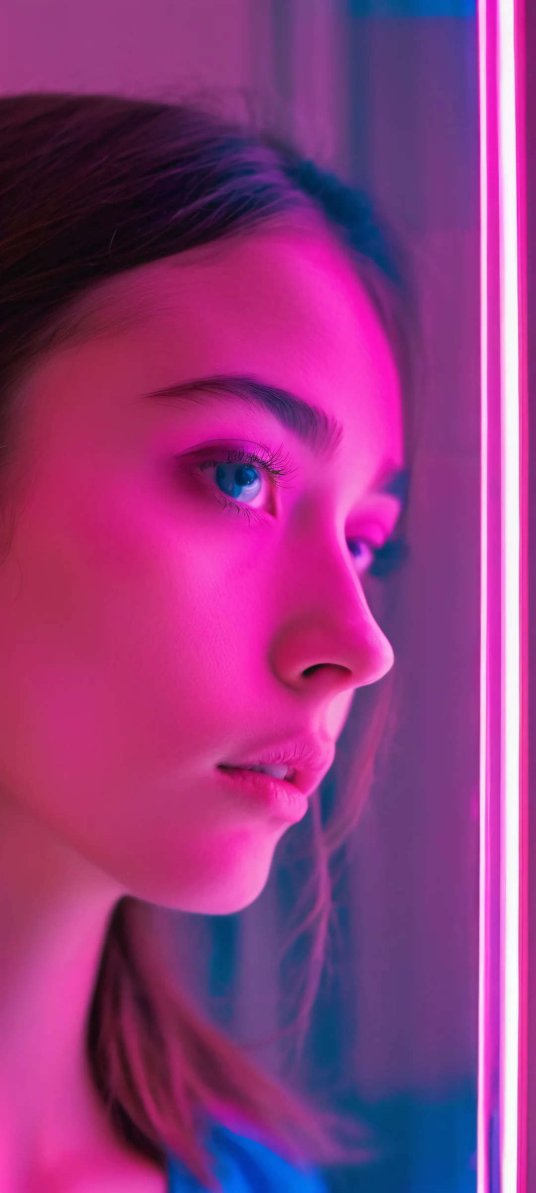 iPhone/Android wallpaper featuring a stunning girl with neon pink and electric blue reflections.