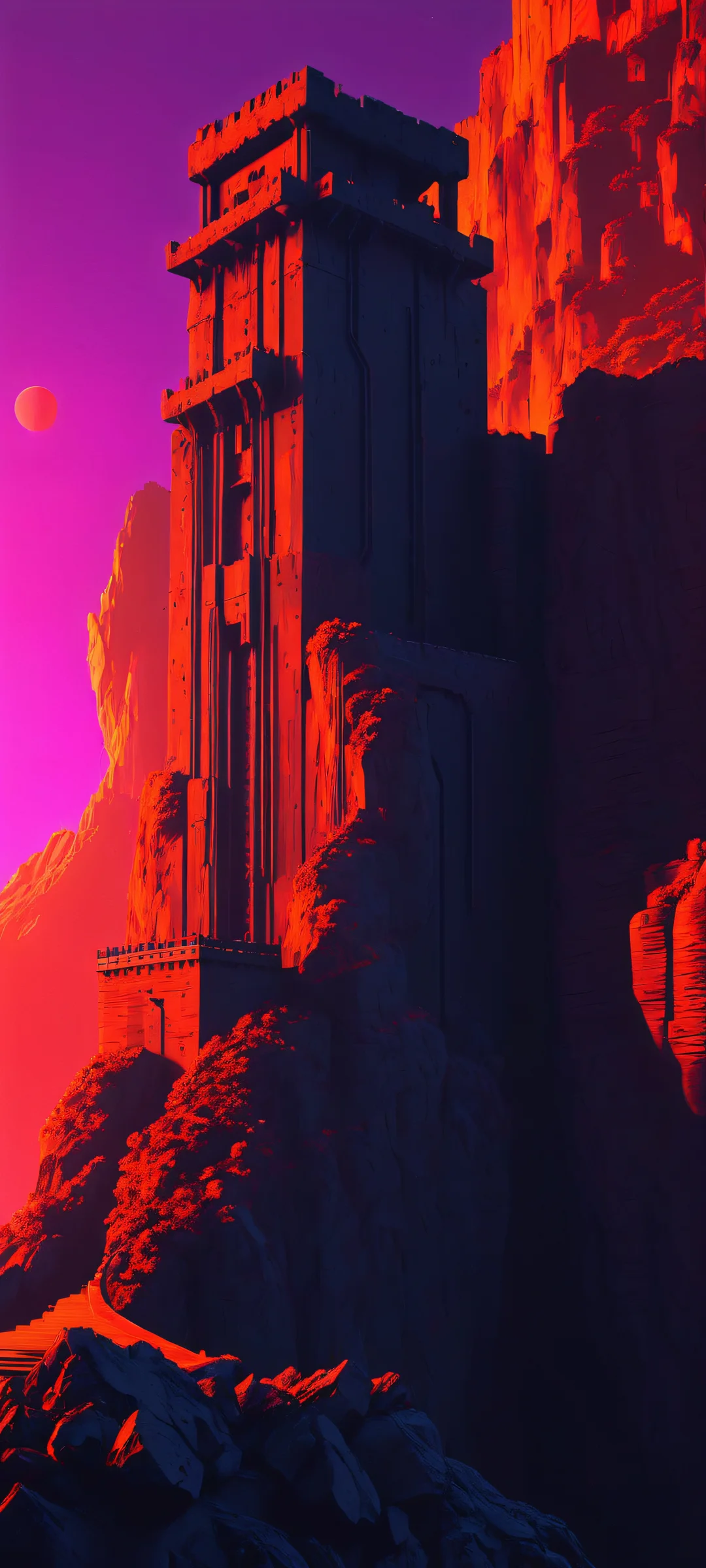 Breathtaking Volcanic Cliffside with Vaporwave Brutalist architecture and neon underlighting, perfectly optimized for iPhone/Android home screens.