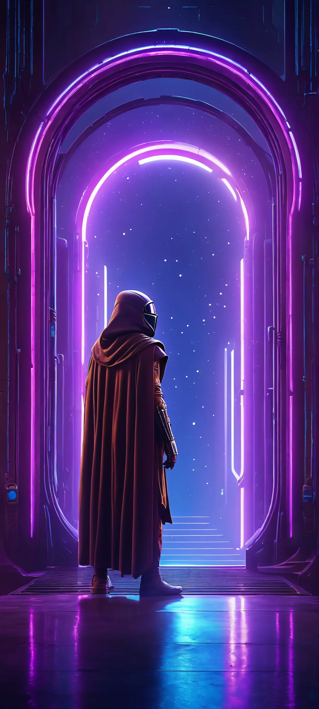 Neon Galactic Portal QHD Smartphone Background Explore the vibrant blues and purples of a sci-fi gate on your iPhone or Android phone with this breathtaking mobile wallpaper featuring Jawa, perfectly optimized for home screens.