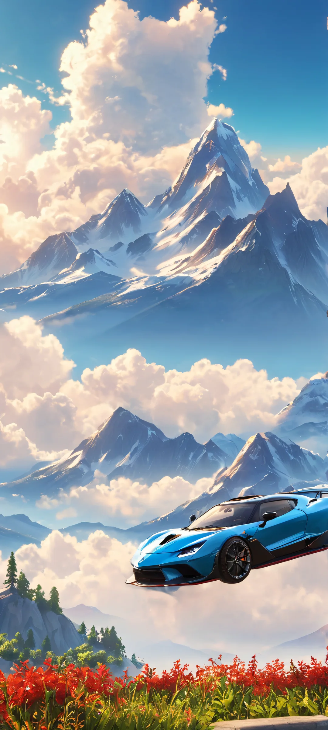 A stunning mobile phone wallpaper featuring a futuristic car racing through a dramatic sky with clouds and mountains, perfect for iPhone and Android home screens.