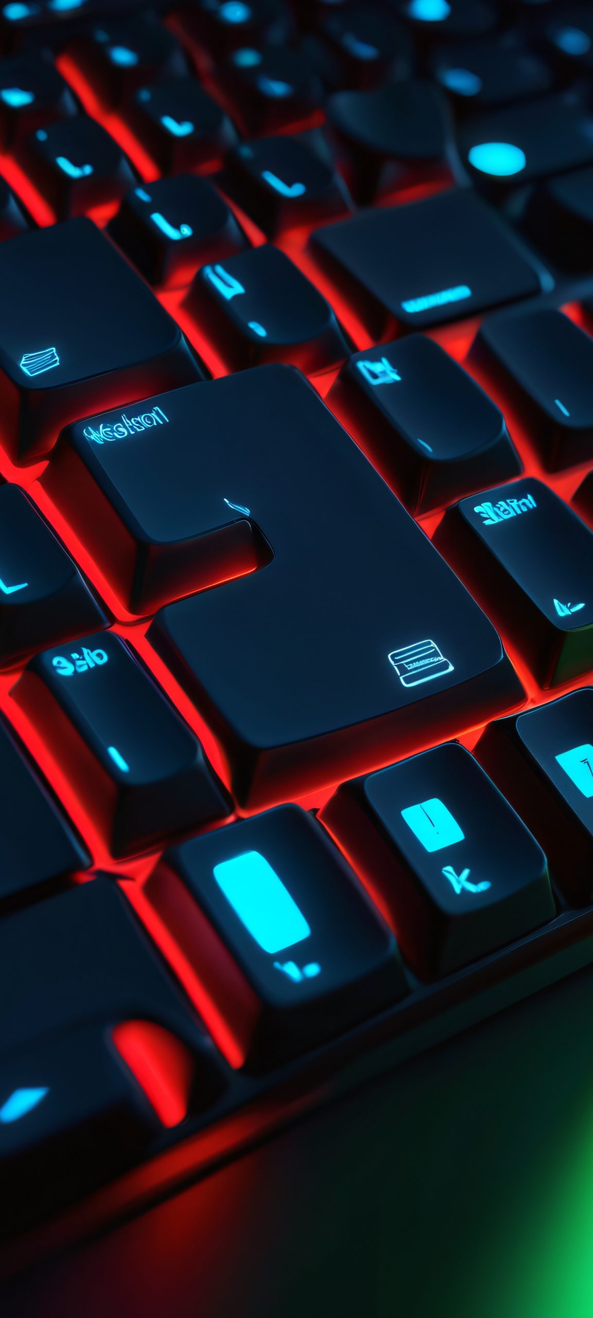 Minimalist computer keyboard design featuring neon green, bright blue, and vibrant red hues on a dark background, perfect for iPhone and Android home screens