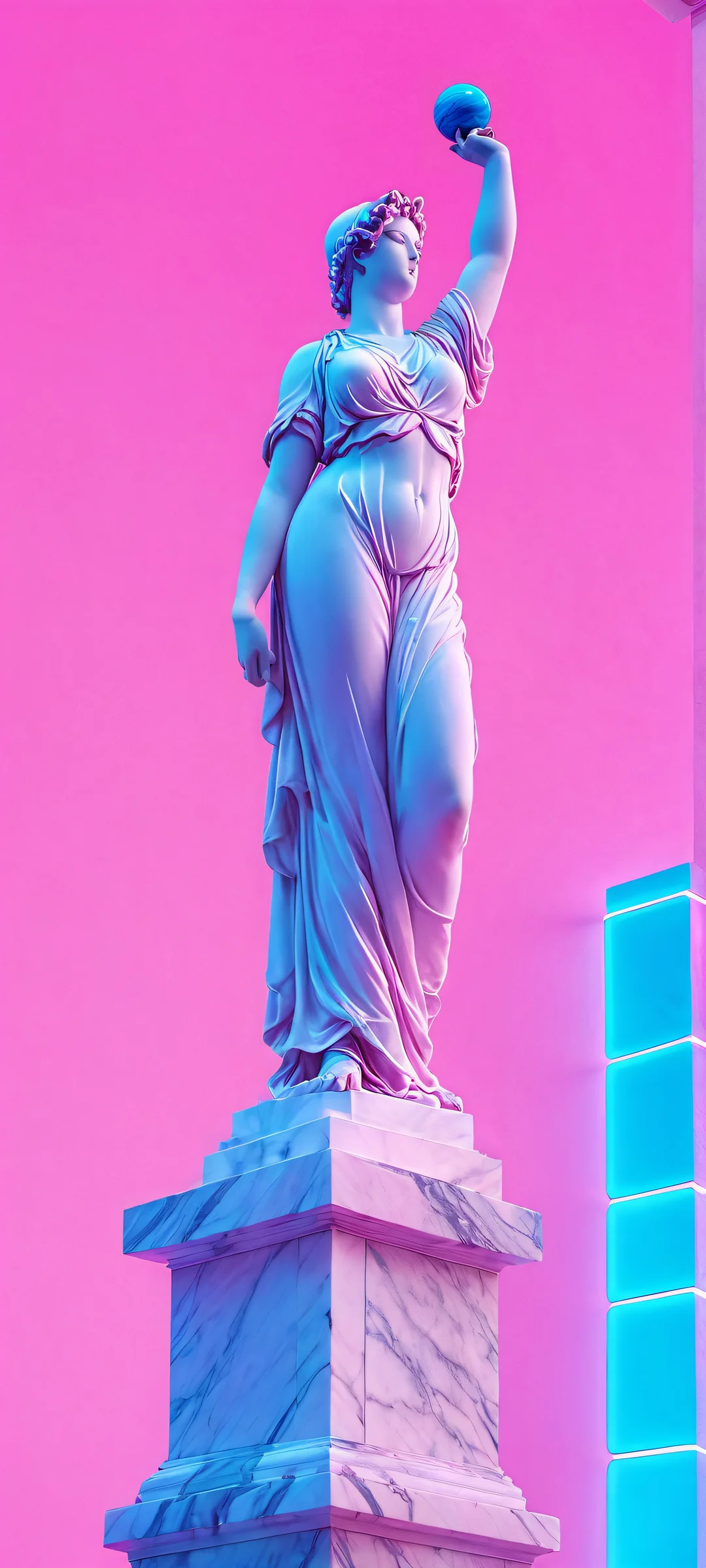 Breathtaking marble statue on a grid of pastel pink and electric blue vaporwave design. Perfectly optimized for iPhone, Samsung Galaxy, and Android home screens.