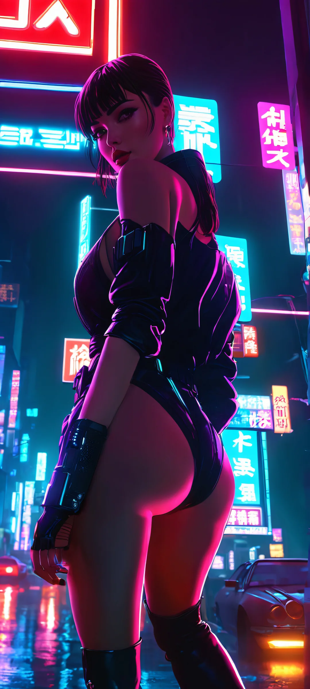 Elle, the Bladerunner, in a breathtaking neon-lit cityscape at night. Perfect for your iPhone or Android home screen.