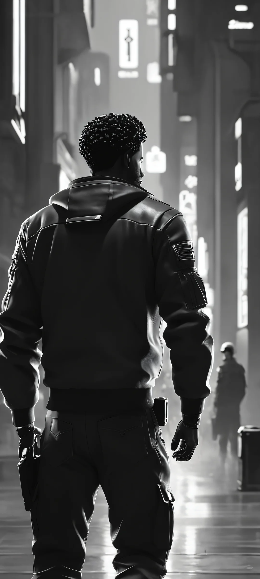 A stunning vertical mobile wallpaper featuring CGI characters and high-contrast monochrome urban landscapes, perfectly optimized for iPhone, Samsung Galaxy, and Android home screens.