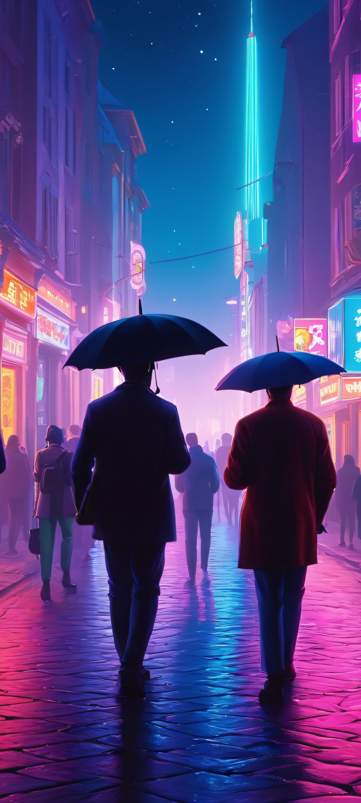 Neon Night Alley 2K Phone Wallpaper A vibrant and moody depiction of people walking in a wet alley at night. Perfectly optimized for iPhone, Samsung Galaxy, and Android home screens.