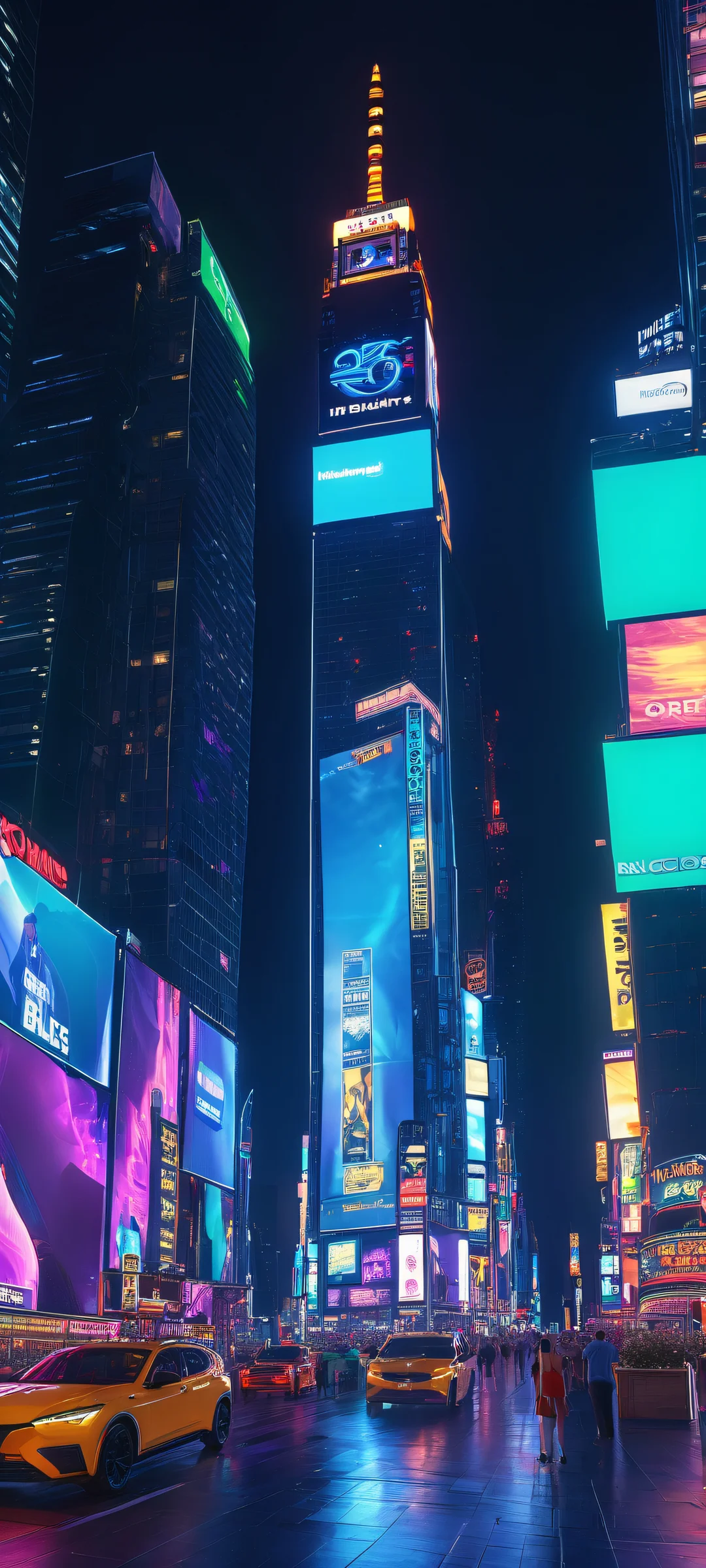 Breathtaking nighttime cityscape of Times Square with vibrant neon lights, perfect for iPhone/Android home screens.