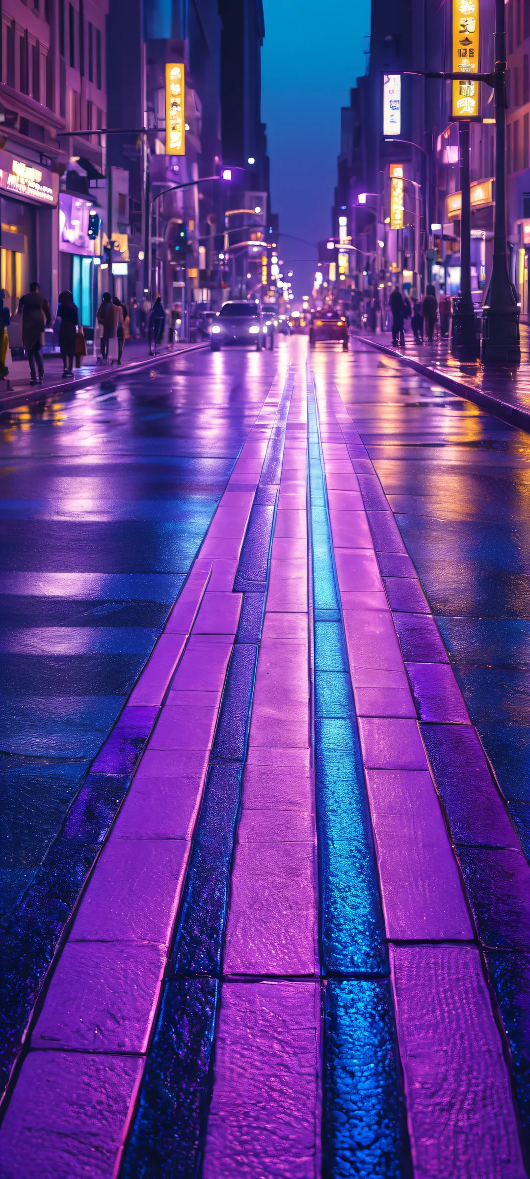 A stunning iPhone/Android wallpaper of a vibrant crosswalk night street scene, showcasing the beauty of city life under electric blue and deep purple hues.