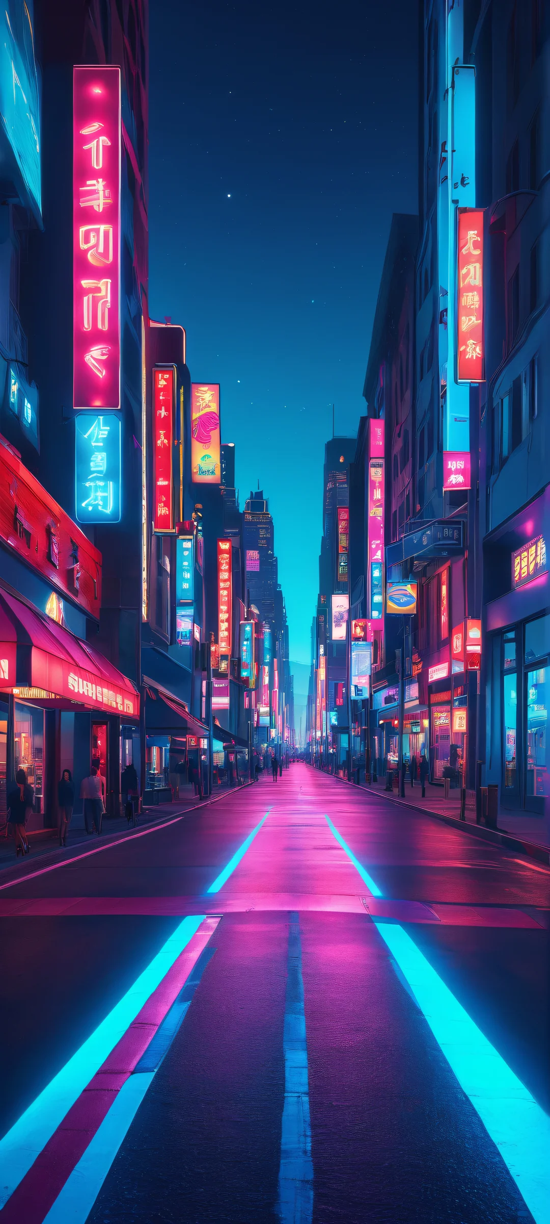 iPhone/Android wallpaper featuring a stunning night street scene with neon glowing crosswalk and blue sky. Perfectly optimized for your mobile phone.