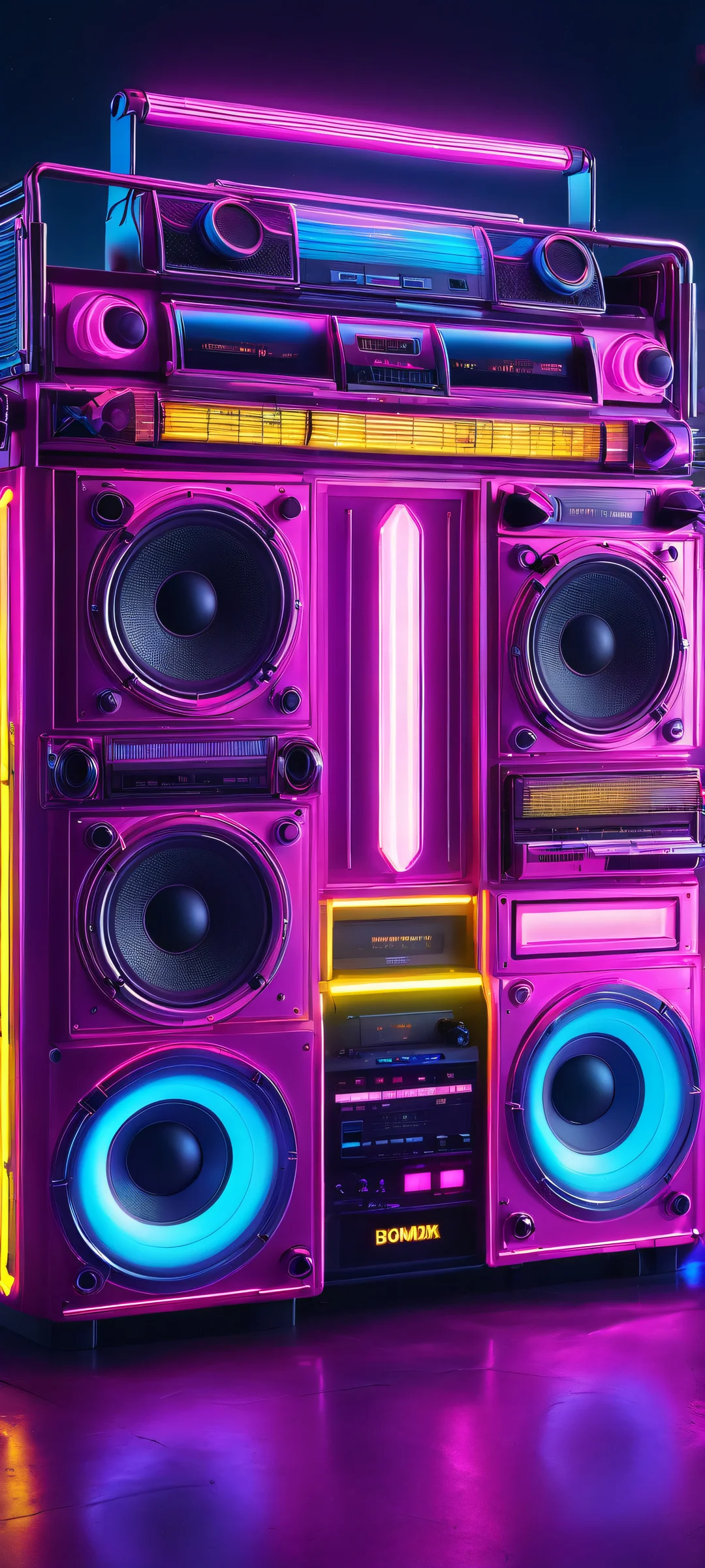 A vibrant and futuristic nighttime scene featuring a boombox with neon lights glowing softly against the dark cityscape - perfect for iPhone/Android devices.